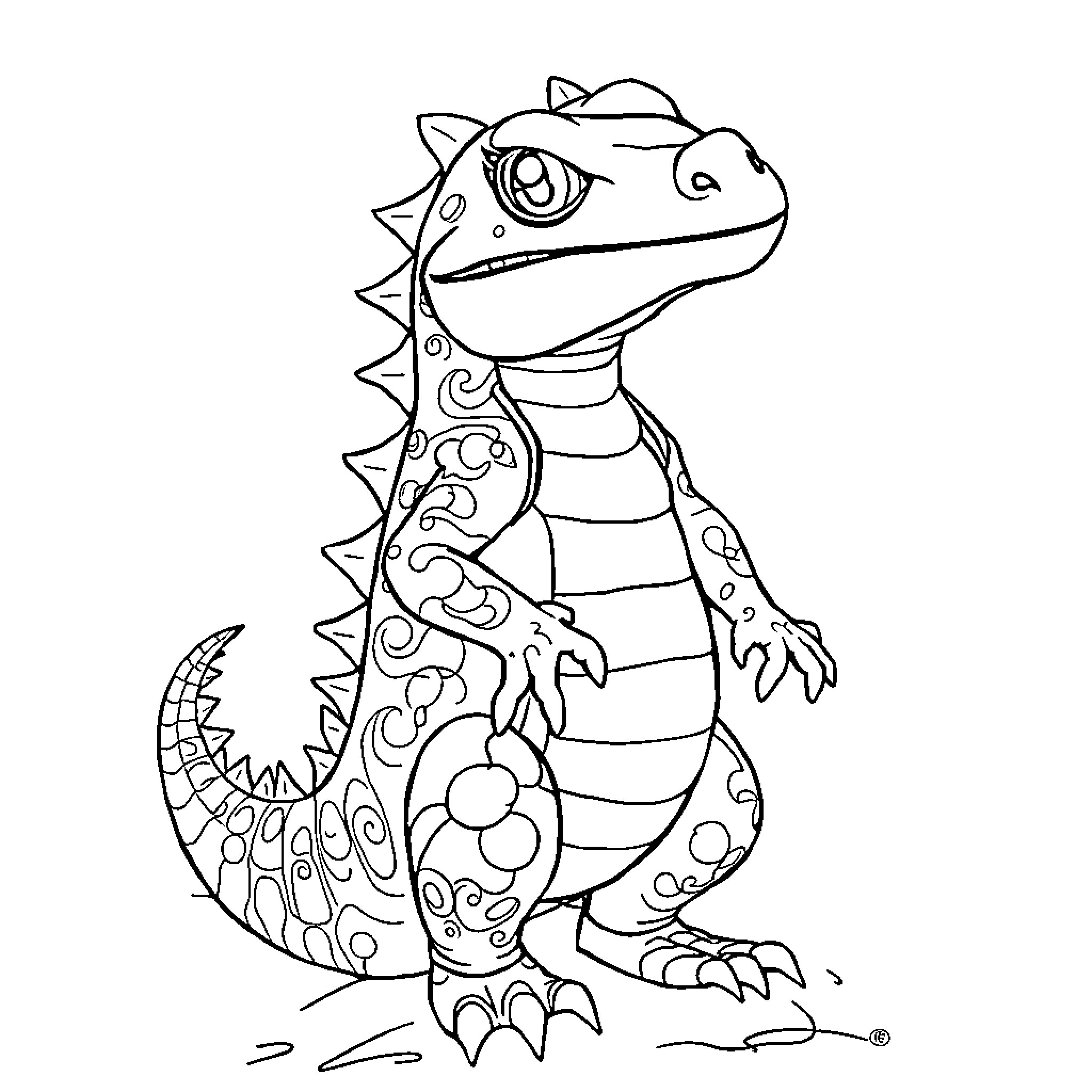 Crocodile with Intricate Patterns Coloring Page (free black-and-white line drawing printable PDF for all, from beginners to advanced learners, including children, teens, adults, and seniors)