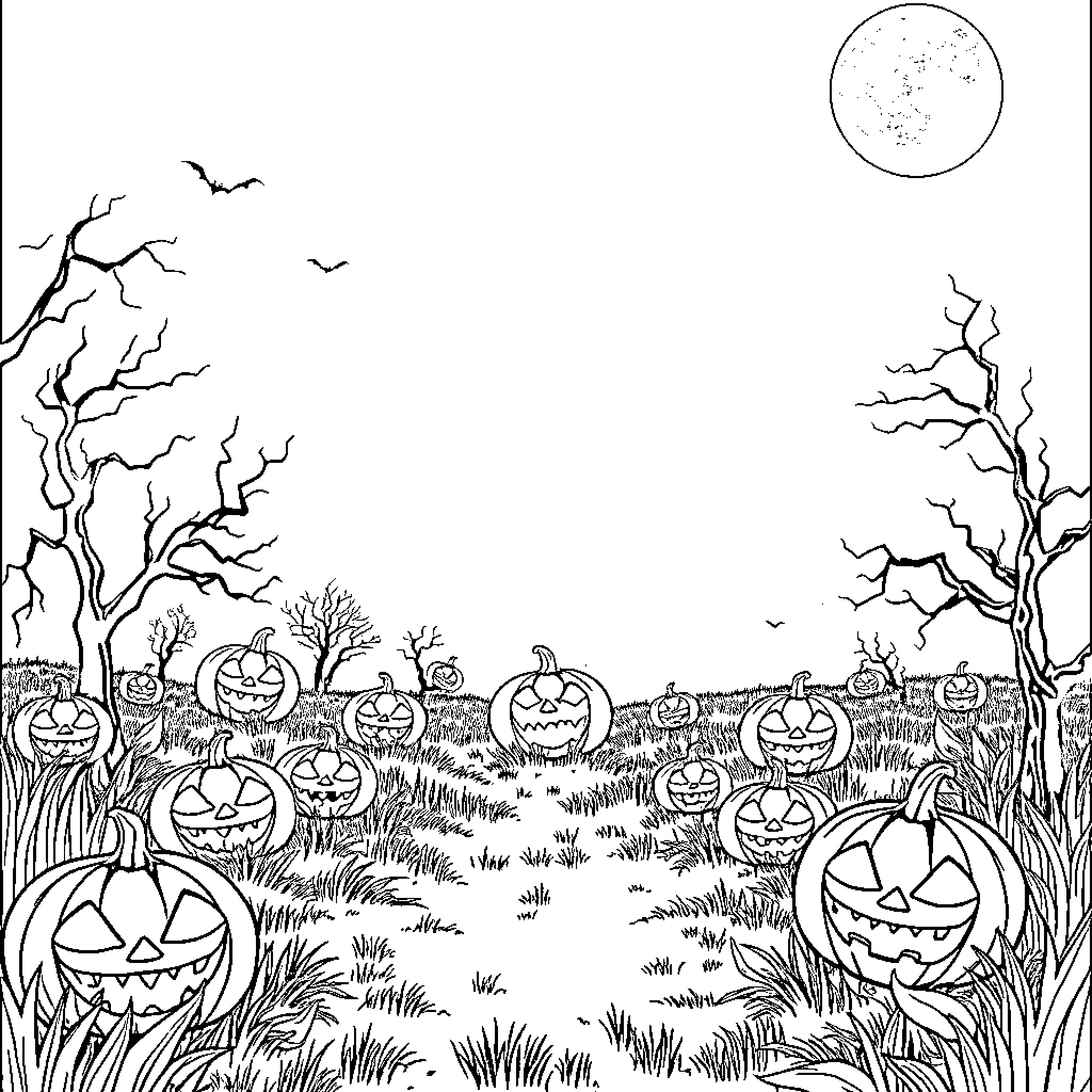 Halloween pumpkin patch in the moonlight Coloring Page (free black-and-white line drawing printable PDF for all, from beginners to advanced learners, including children, teens, adults, and seniors)