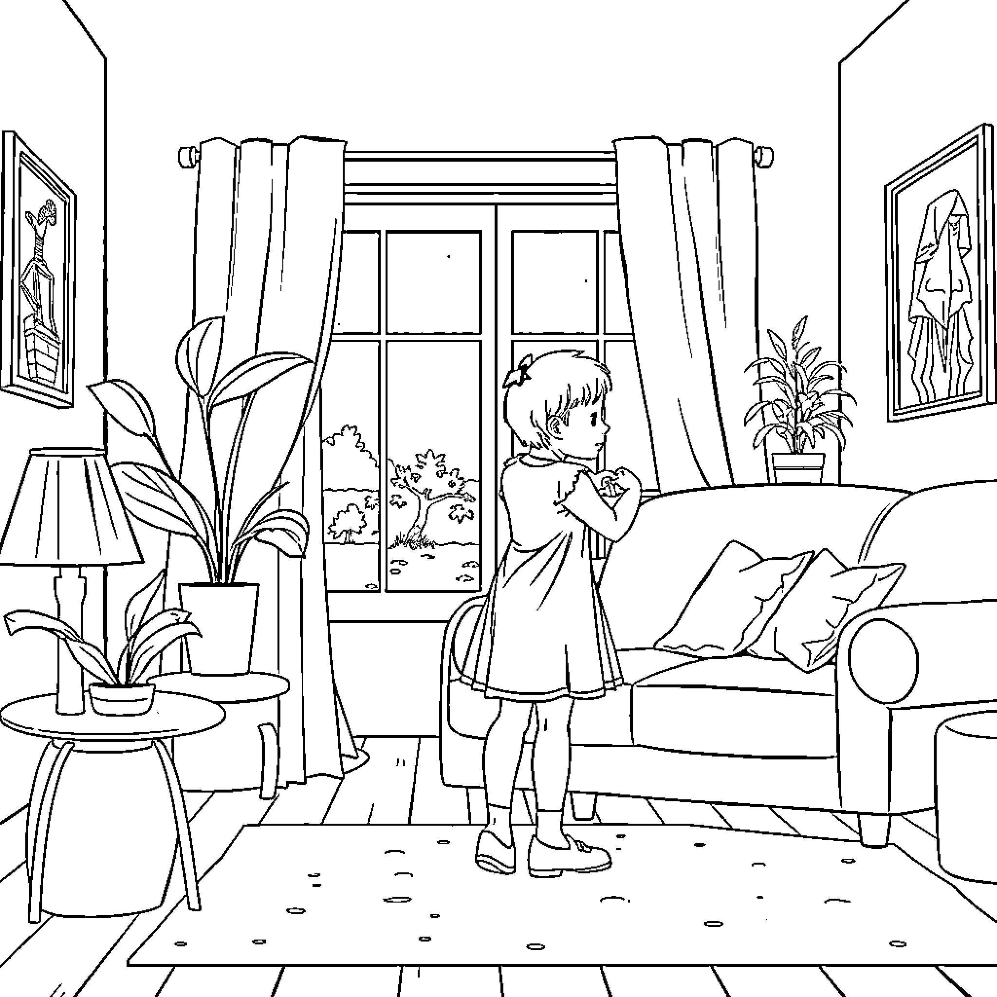 Demoiselle exploring her indoor surroundings Coloring Page (free black-and-white line drawing printable PDF for all, from beginners to advanced learners, including children, teens, adults, and seniors)