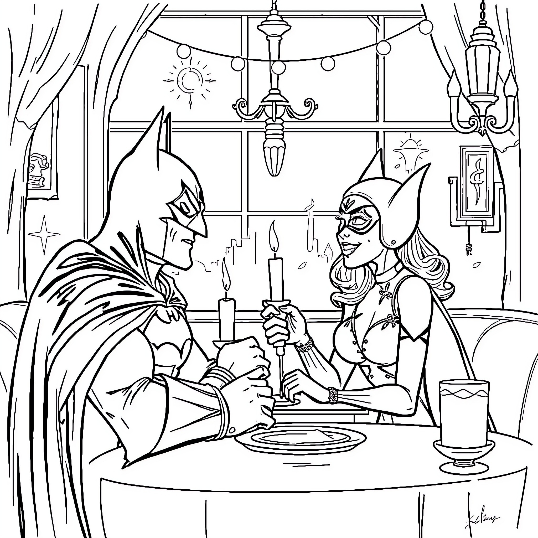 Batman and Harley Quinn in a cozy dinner setting Coloring Page (free black-and-white line drawing printable PDF for all, from beginners to advanced learners, including children, teens, adults, and seniors)