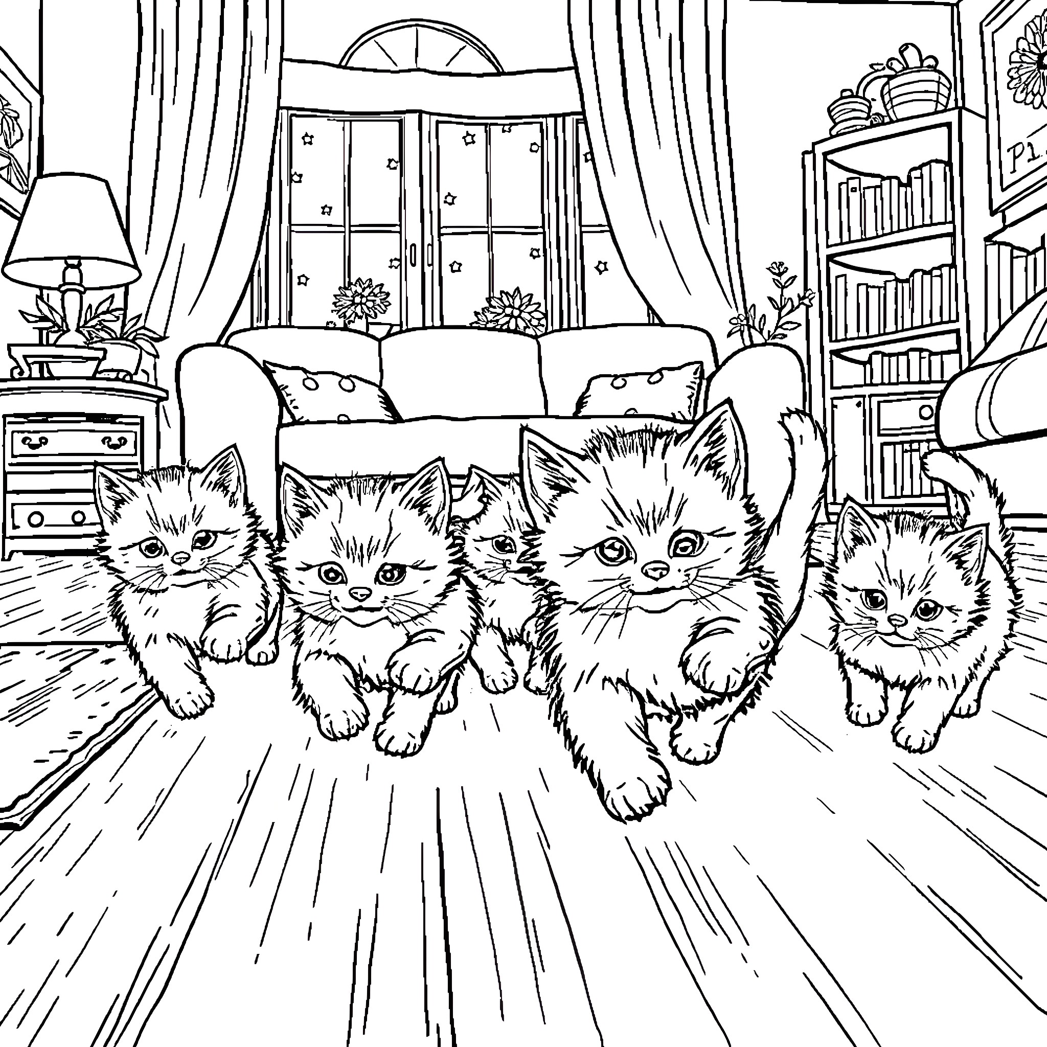 Kittens exploring a cozy living room Coloring Page (free black-and-white line drawing printable PDF for all, from beginners to advanced learners, including children, teens, adults, and seniors)