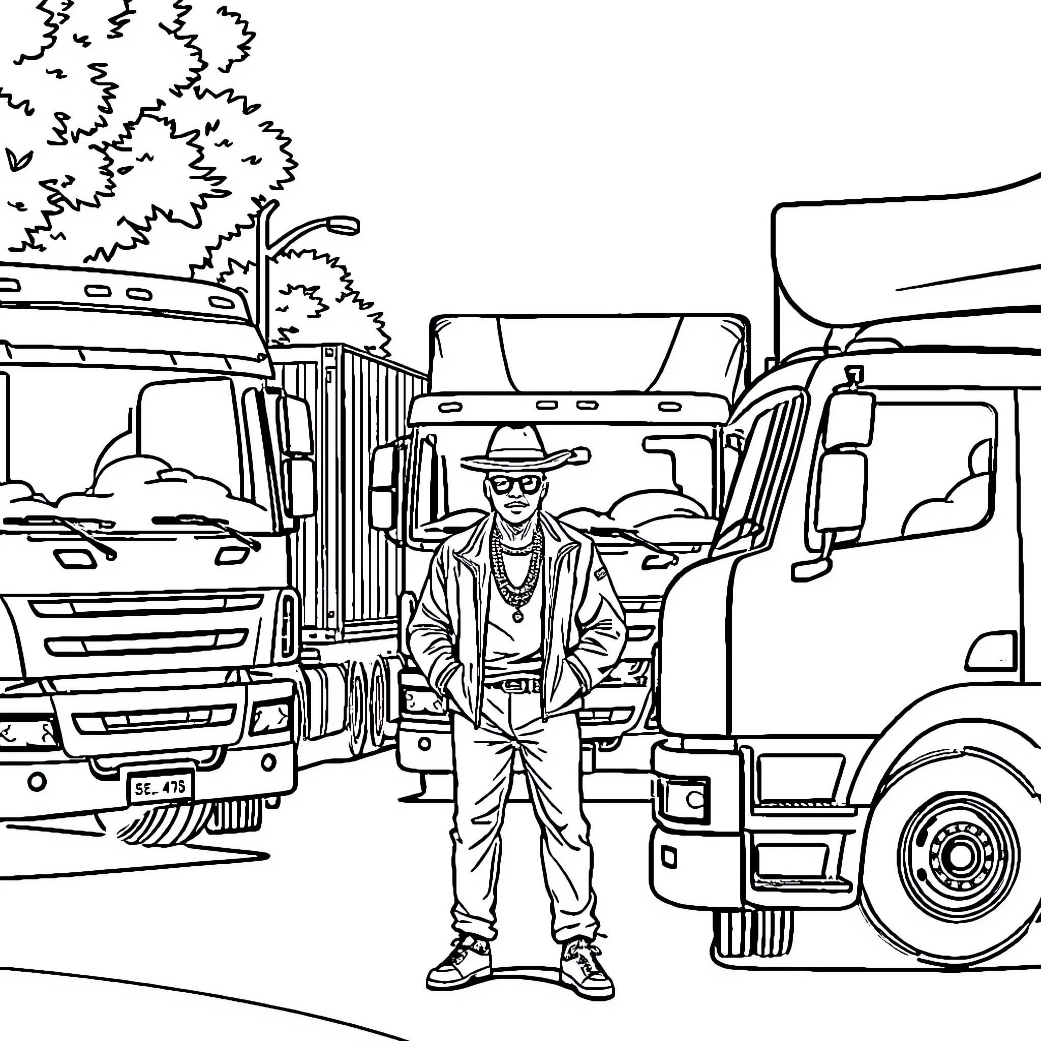 Truck driver in work attire standing among vehicles Coloring Page (free black-and-white line drawing printable PDF for all, from beginners to advanced learners, including children, teens, adults, and seniors)