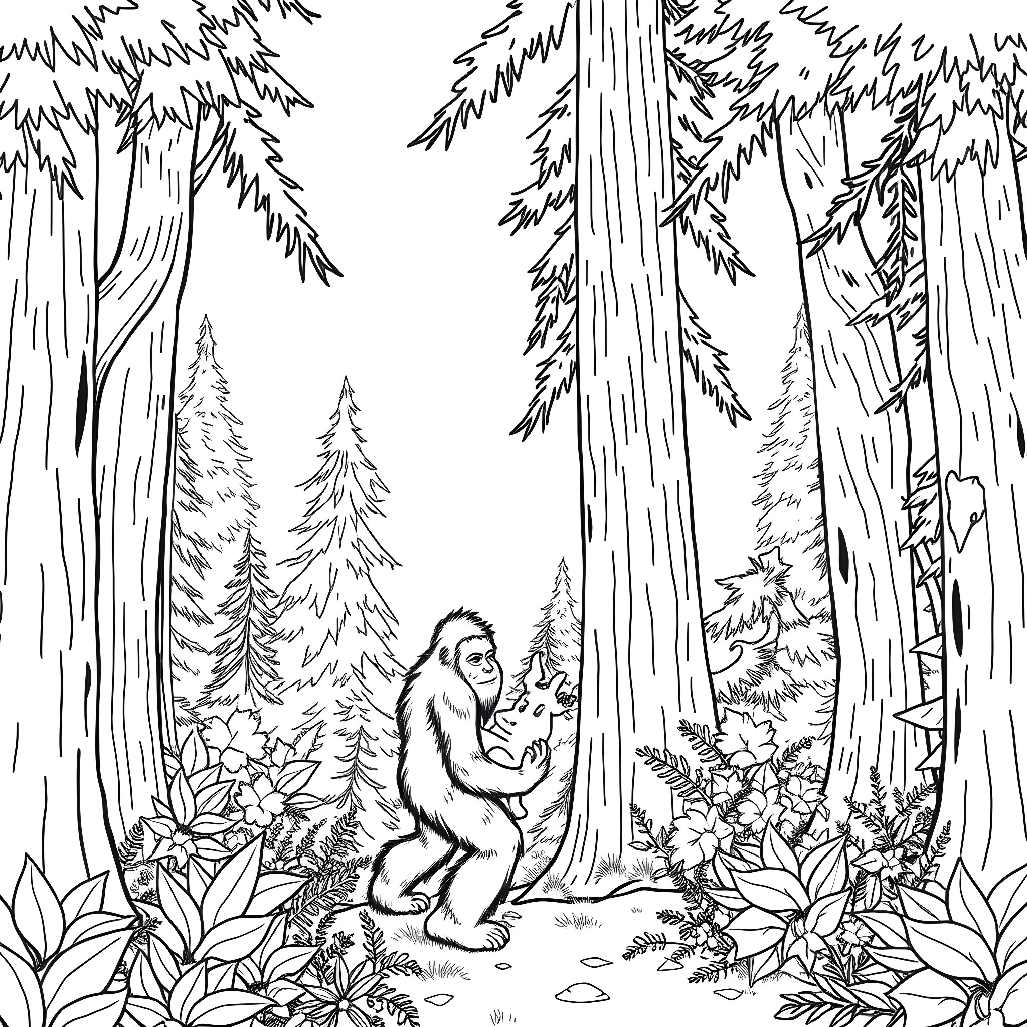 Bigfoot exploring the mysterious forest Coloring Page (free black-and-white line drawing printable PDF for all, from beginners to advanced learners, including children, teens, adults, and seniors)