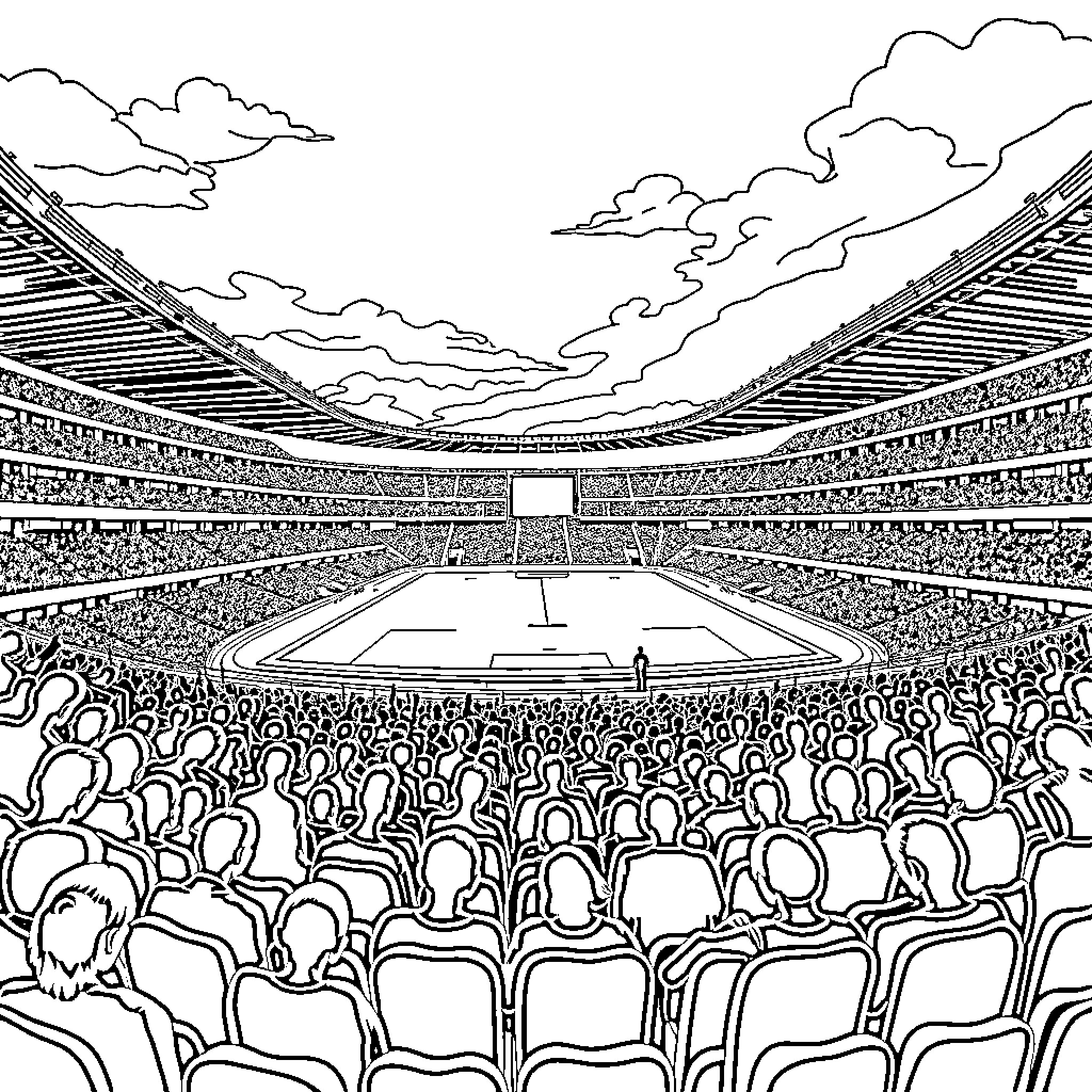 Vélodrome filled with a large crowd of spectators Coloring Page (free black-and-white line drawing printable PDF for all, from beginners to advanced learners, including children, teens, adults, and seniors)