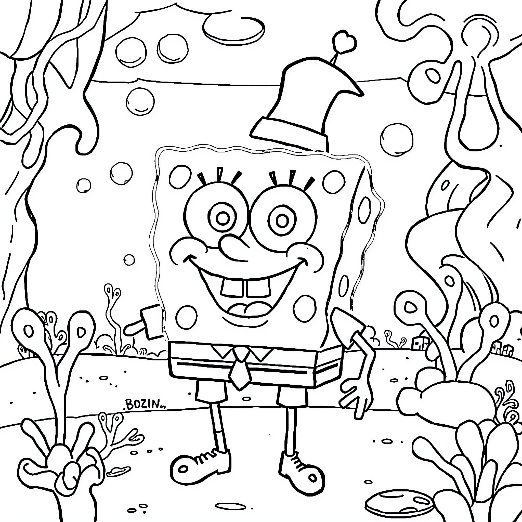Spongebob's Underwater Adventure Coloring Page (free black-and-white line drawing printable PDF for all, from beginners to advanced learners, including children, teens, adults, and seniors)
