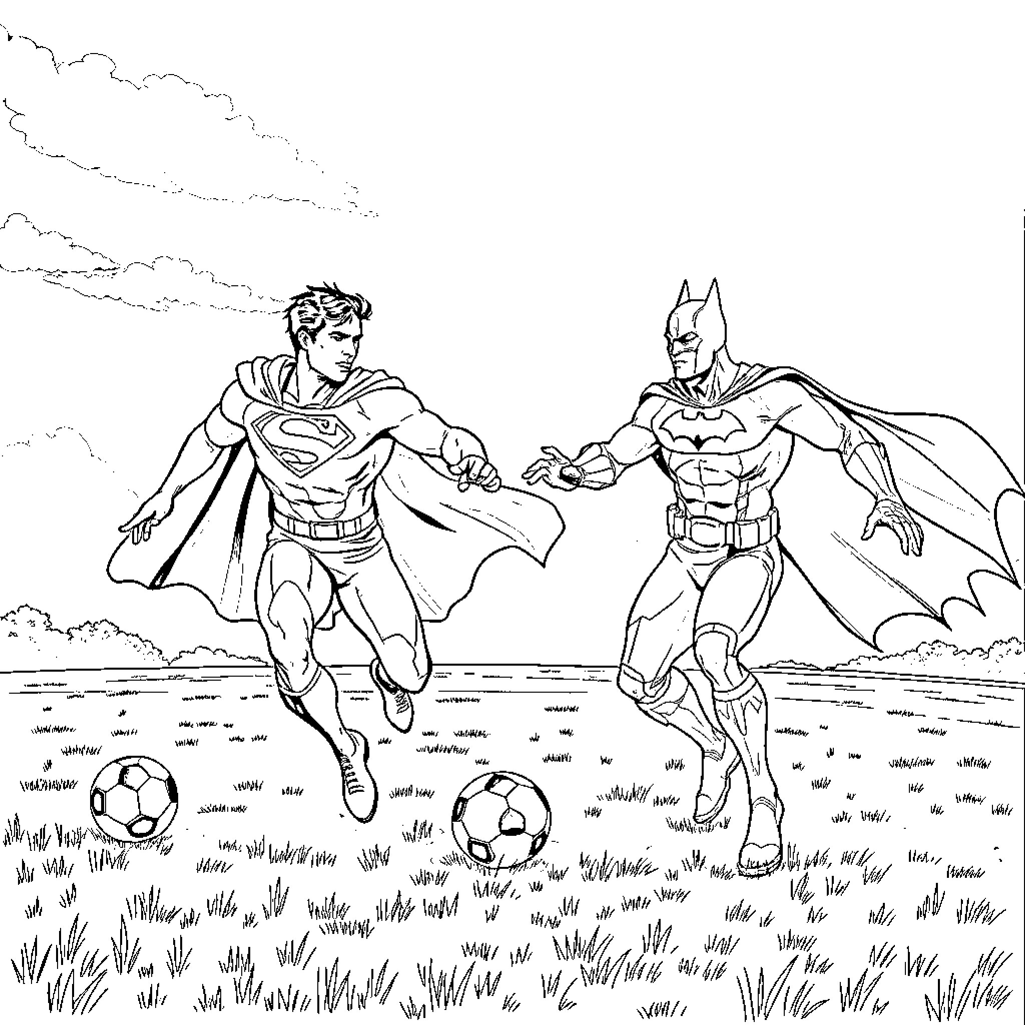 Superman and Batman playing soccer in a field Coloring Page (free black-and-white line drawing printable PDF for all, from beginners to advanced learners, including children, teens, adults, and seniors)