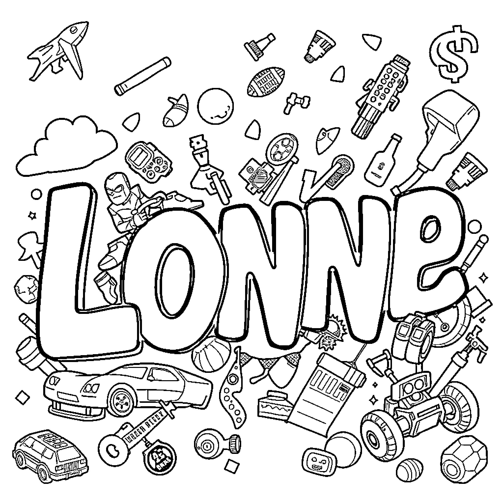 Lönne's Vibrant Array of Toys and Gadgets Coloring Page (free black-and-white line drawing printable PDF for all, from beginners to advanced learners, including children, teens, adults, and seniors)