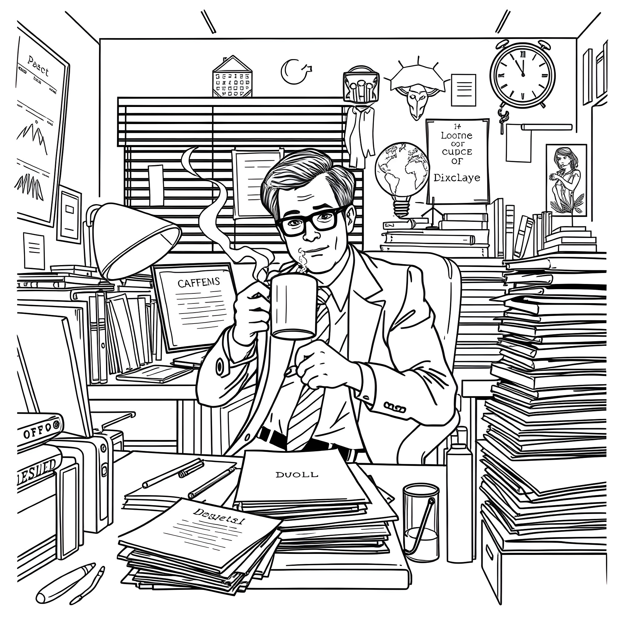 Dwight the Studious Scholar in His Cluttered Office Coloring Page (free black-and-white line drawing printable PDF for all, from beginners to advanced learners, including children, teens, adults, and seniors)