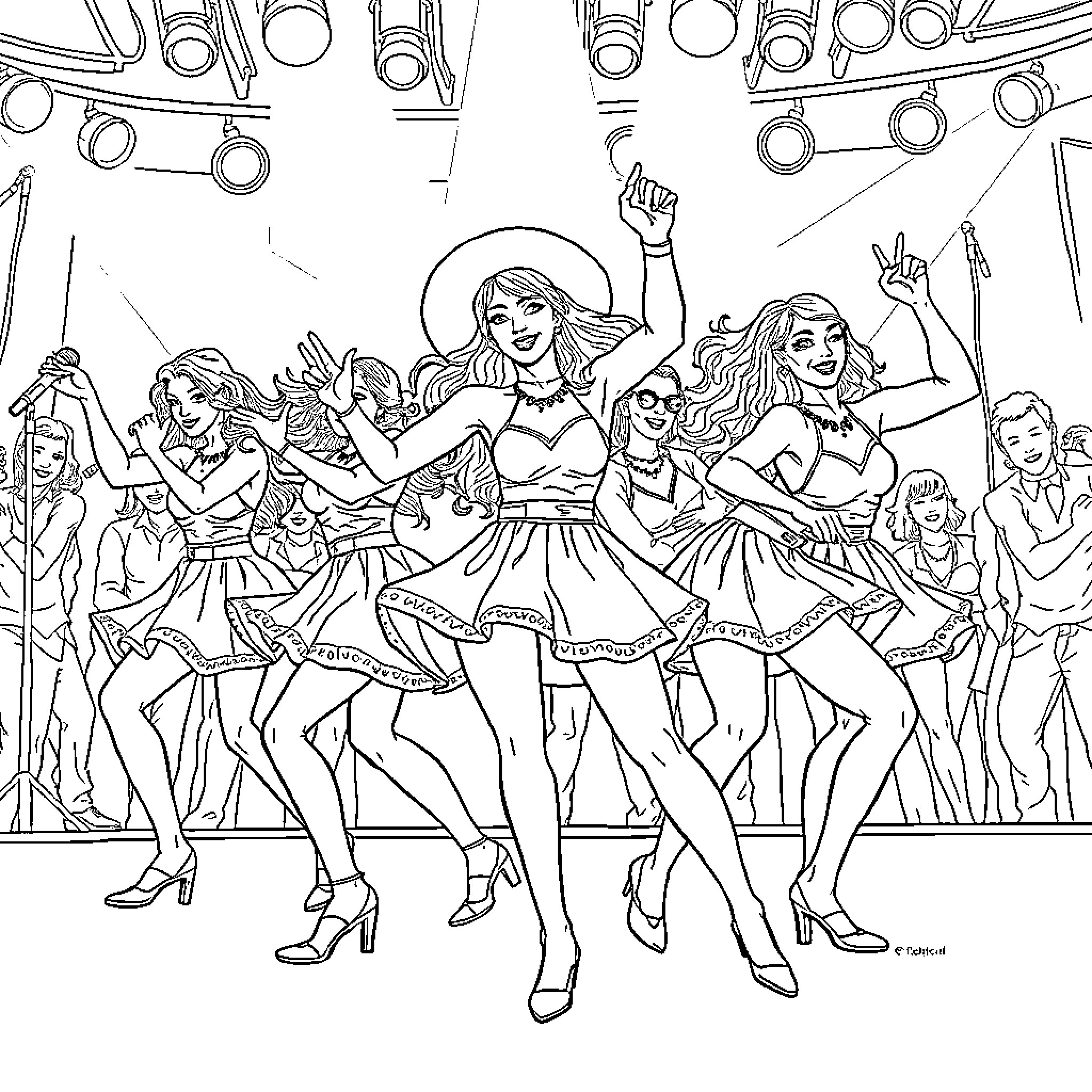 K Pop Warrior Dancers Performing on Stage Coloring Page (free black-and-white line drawing printable PDF for all, from beginners to advanced learners, including children, teens, adults, and seniors)