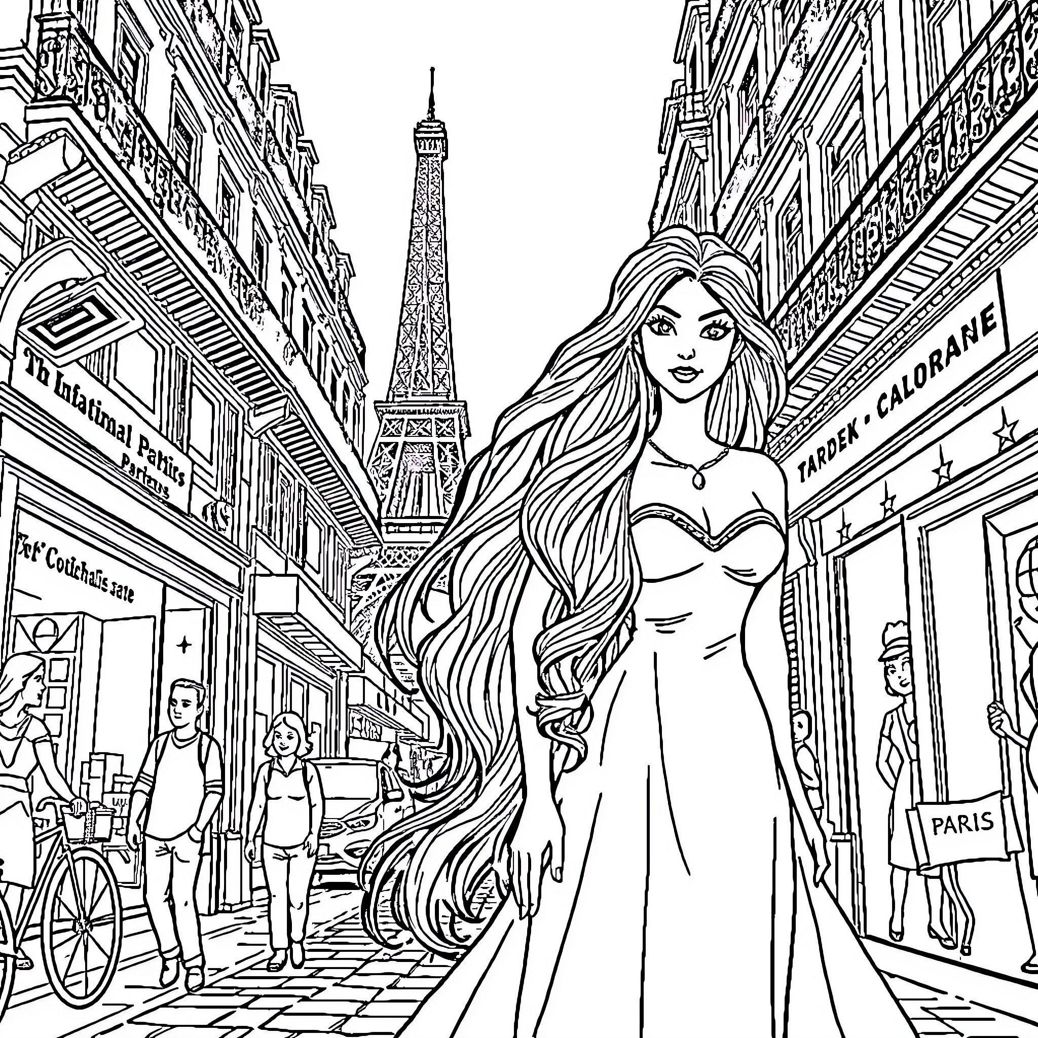 Esmeralda's Stylish Stroll Through Parisian Streets Coloring Page (free black-and-white line drawing printable PDF for all, from beginners to advanced learners, including children, teens, adults, and seniors)