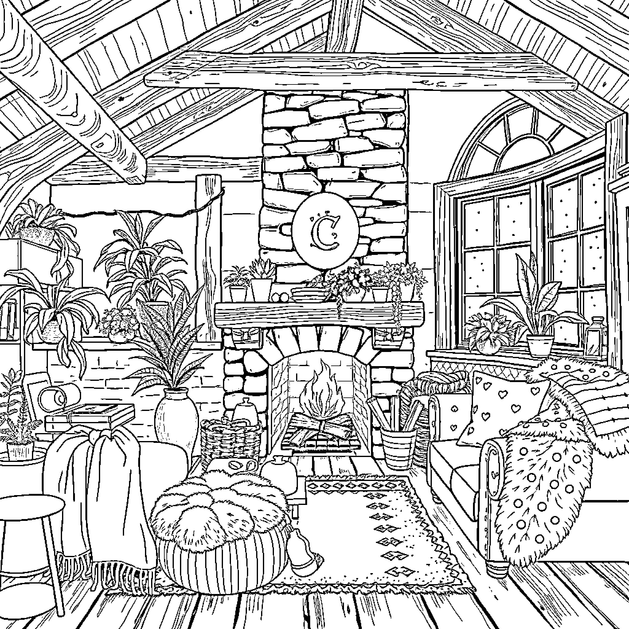 Cottage with a Cozy Indoor Fireplace Scene Coloring Page (free black-and-white line drawing printable PDF for all, from beginners to advanced learners, including children, teens, adults, and seniors)