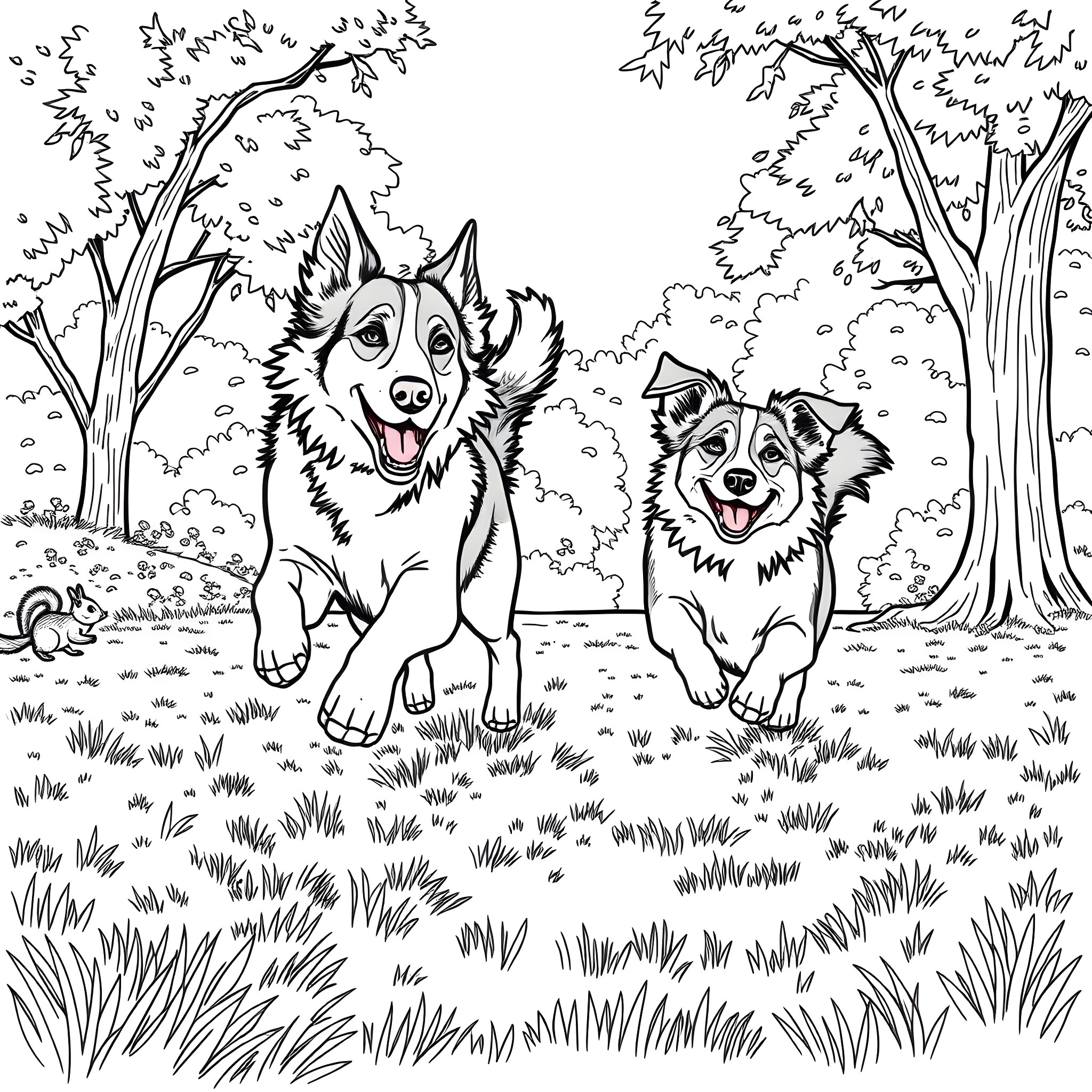 Dogs running playfully in forest Coloring Page (free black-and-white line drawing printable PDF for all, from beginners to advanced learners, including children, teens, adults, and seniors)