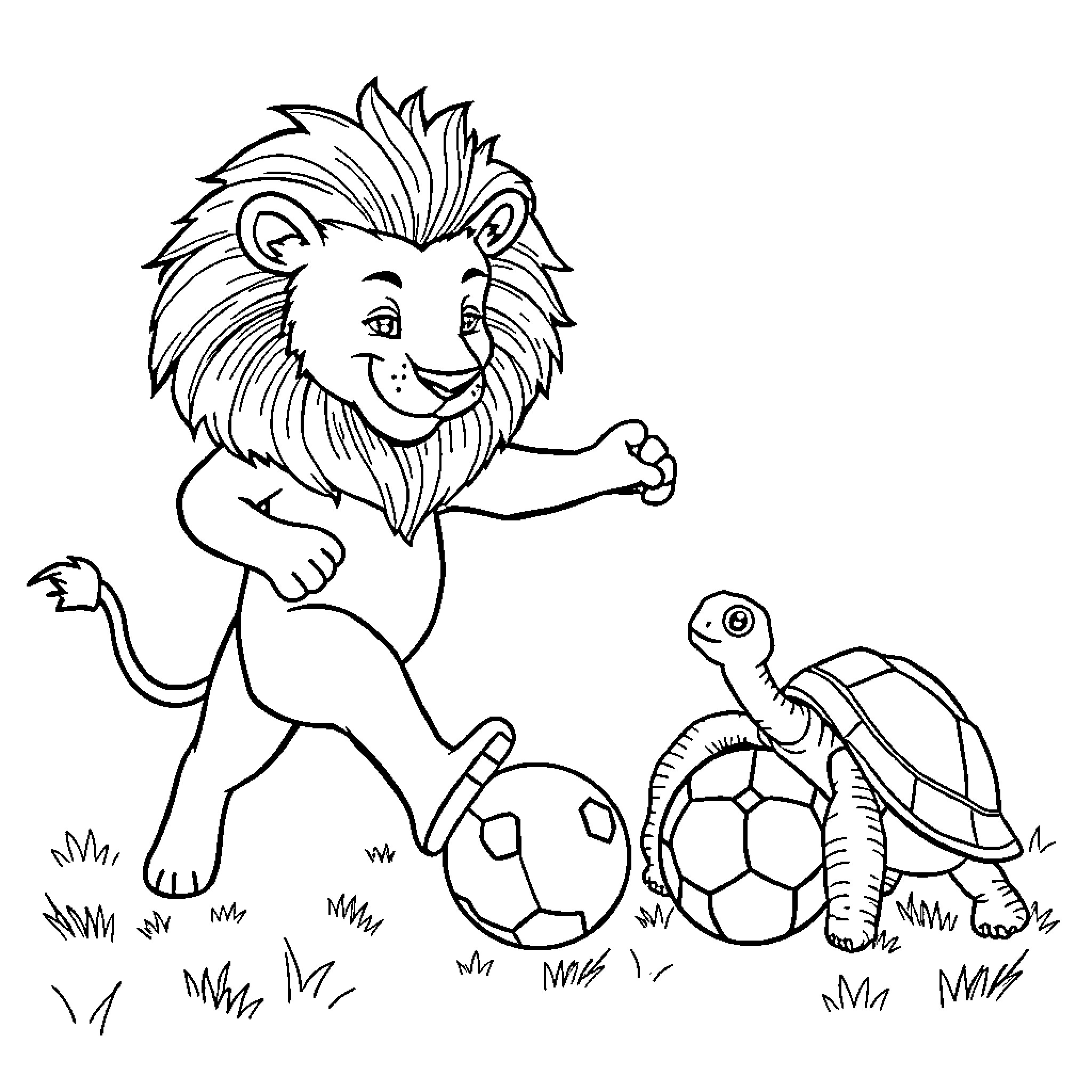 Lion Playing Joyfully with Soccer Ball and Turtle Coloring Page (free black-and-white line drawing printable PDF for all, from beginners to advanced learners, including children, teens, adults, and seniors)
