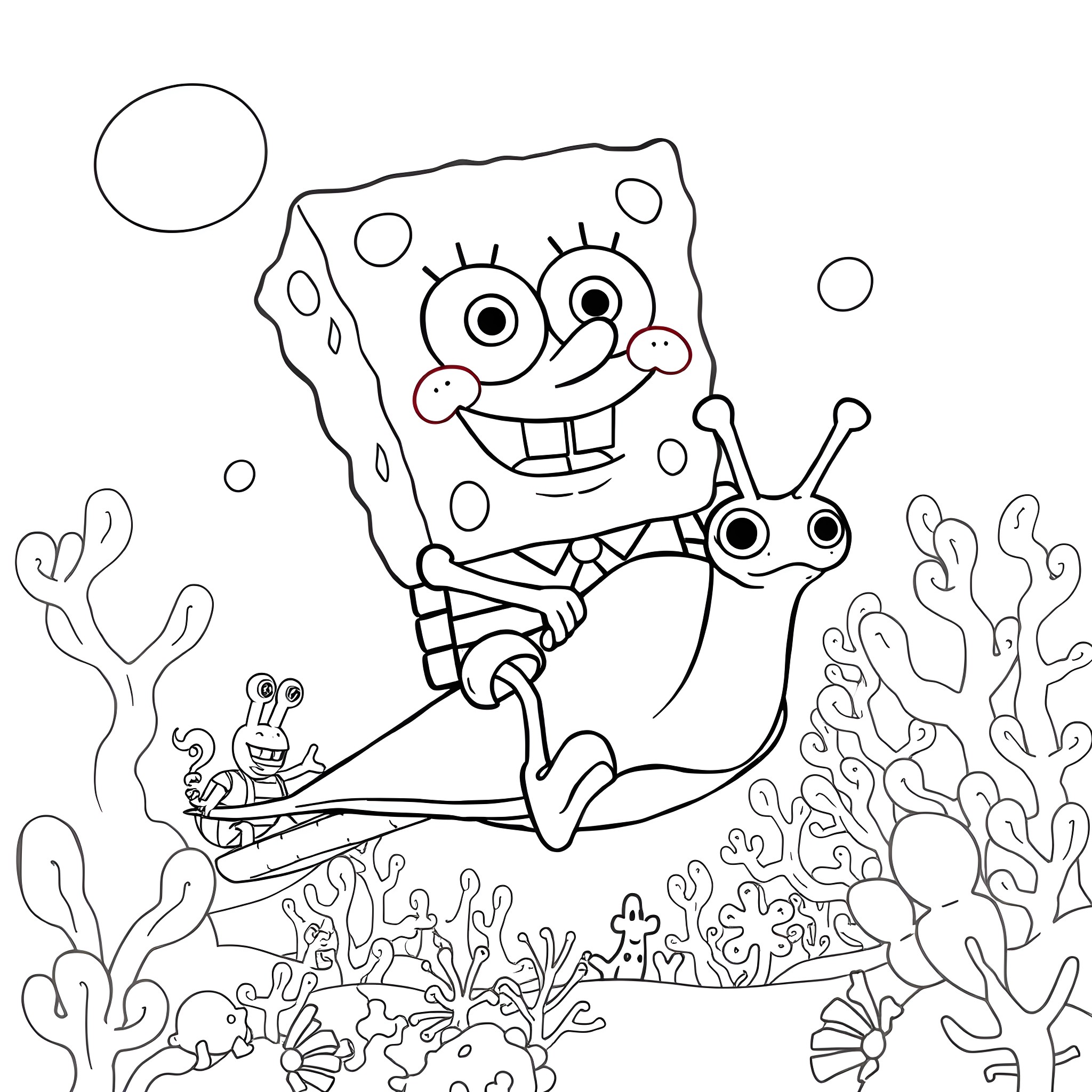 Spongebob snorkeling with sea creatures underwater Coloring Page (free black-and-white line drawing printable PDF for all, from beginners to advanced learners, including children, teens, adults, and seniors)