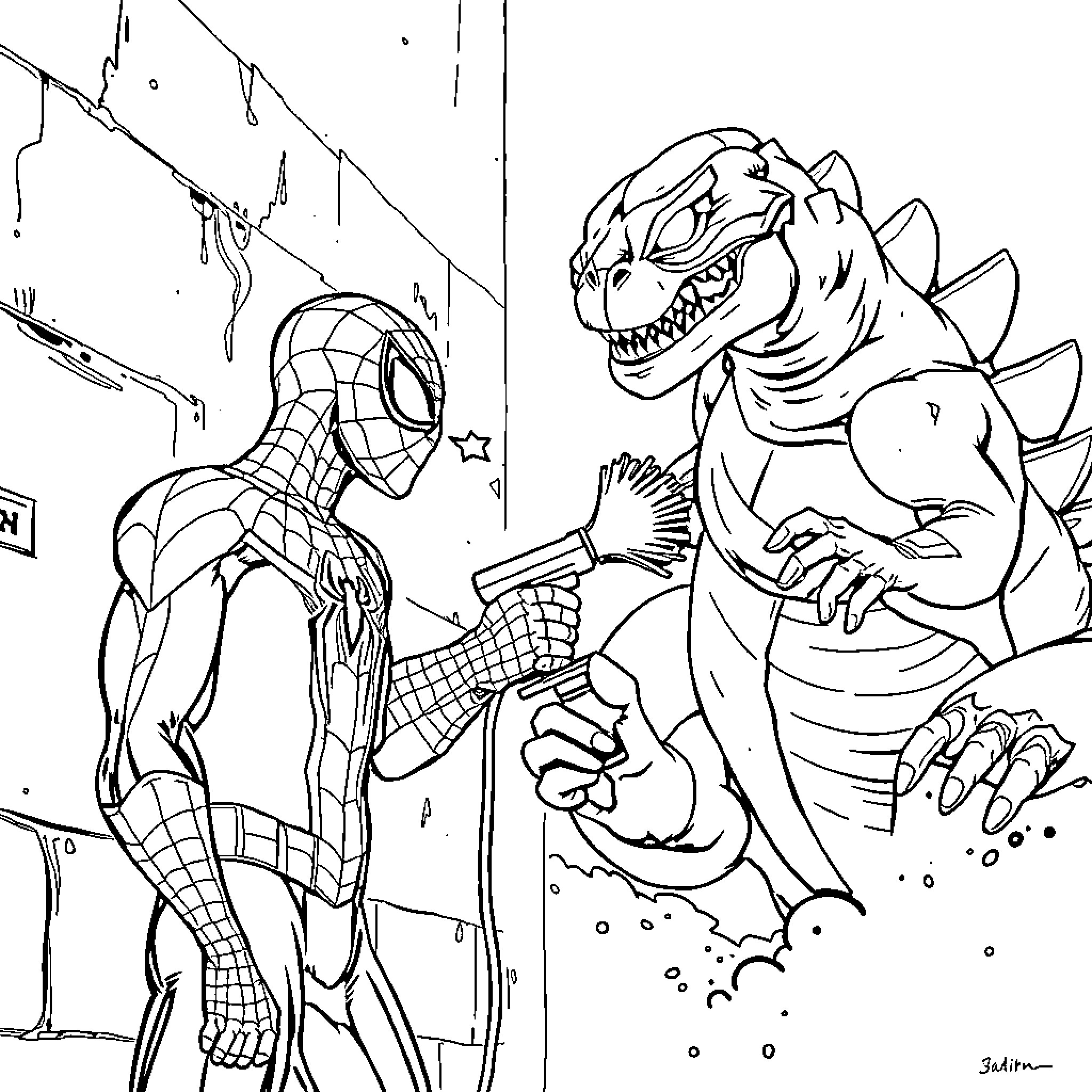 Spiderman confronting a fierce monster Coloring Page (free black-and-white line drawing printable PDF for all, from beginners to advanced learners, including children, teens, adults, and seniors)