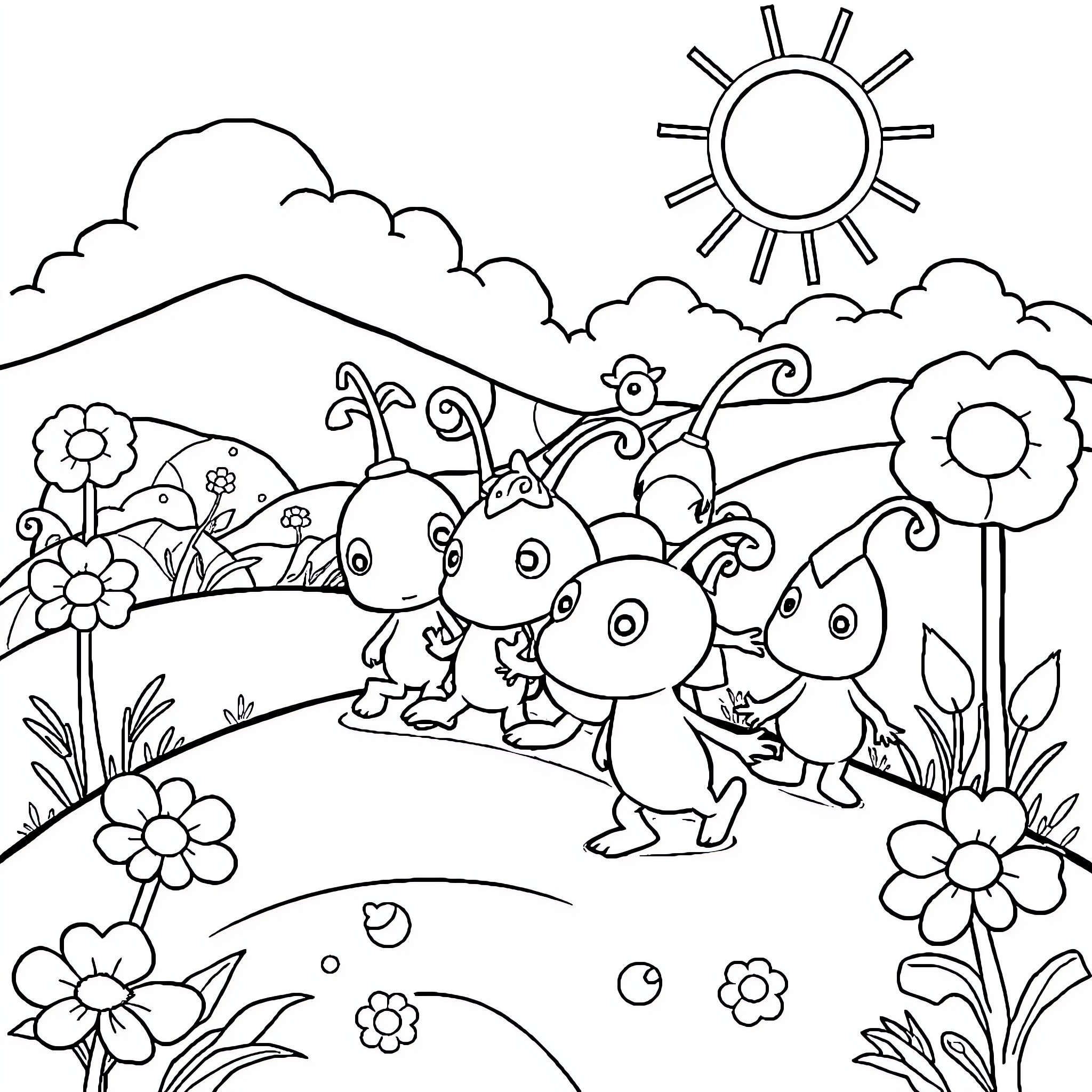 Pikmin exploring a whimsical nature scene Coloring Page (free black-and-white line drawing printable PDF for all, from beginners to advanced learners, including children, teens, adults, and seniors)