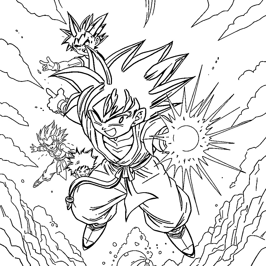 Dragon Ball Z characters in epic battle scene Coloring Page (free black-and-white line drawing printable PDF for all, from beginners to advanced learners, including children, teens, adults, and seniors)