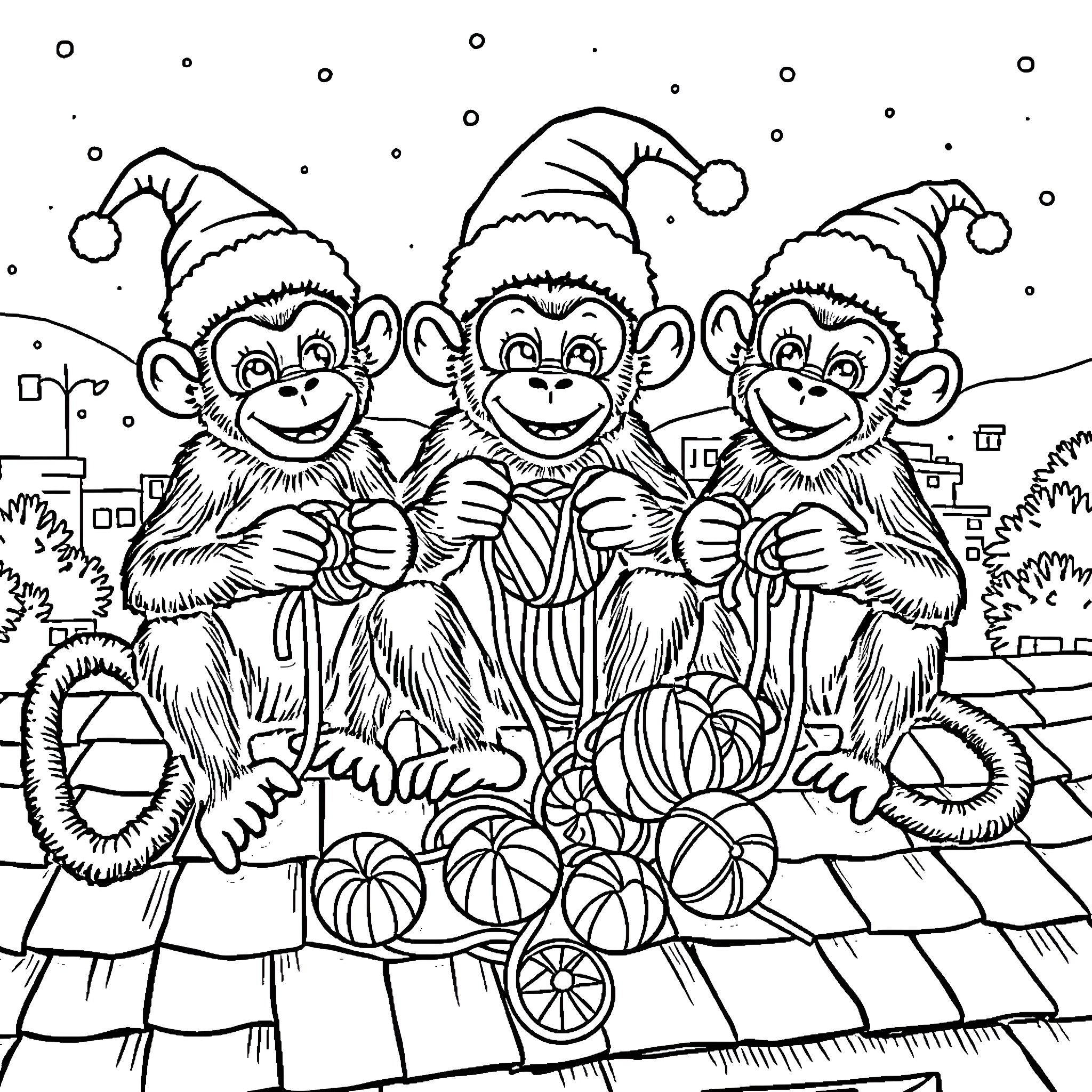 Monkeys in Santa hats celebrating Christmas Coloring Page (free black-and-white line drawing printable PDF for all, from beginners to advanced learners, including children, teens, adults, and seniors)