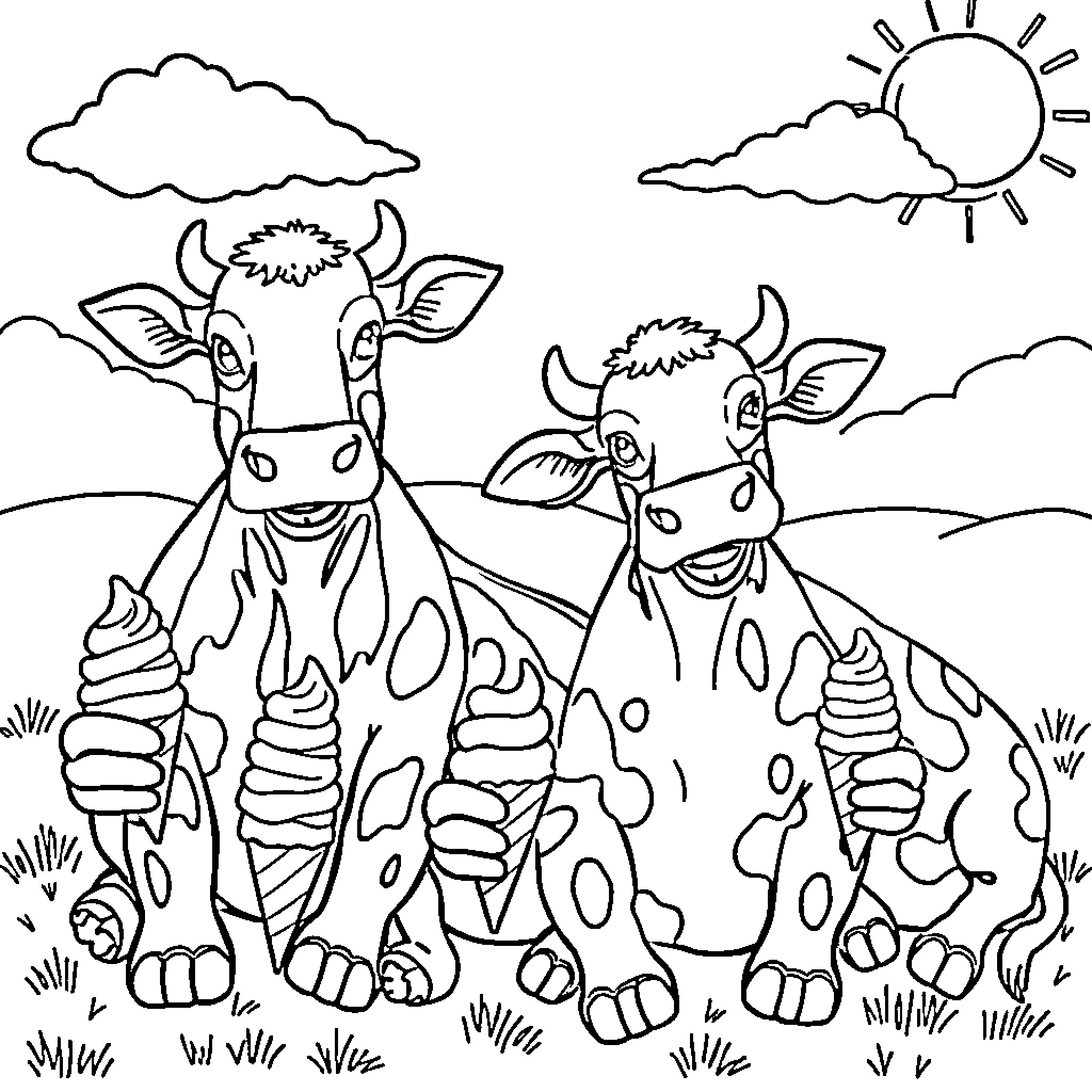 Cow friends enjoying a sunny day Coloring Page (free black-and-white line drawing printable PDF for all, from beginners to advanced learners, including children, teens, adults, and seniors)
