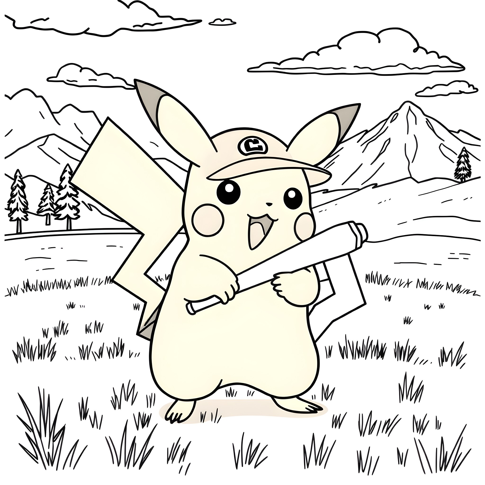 Pikachu exploring the snowy mountains Coloring Page (free black-and-white line drawing printable PDF for all, from beginners to advanced learners, including children, teens, adults, and seniors)