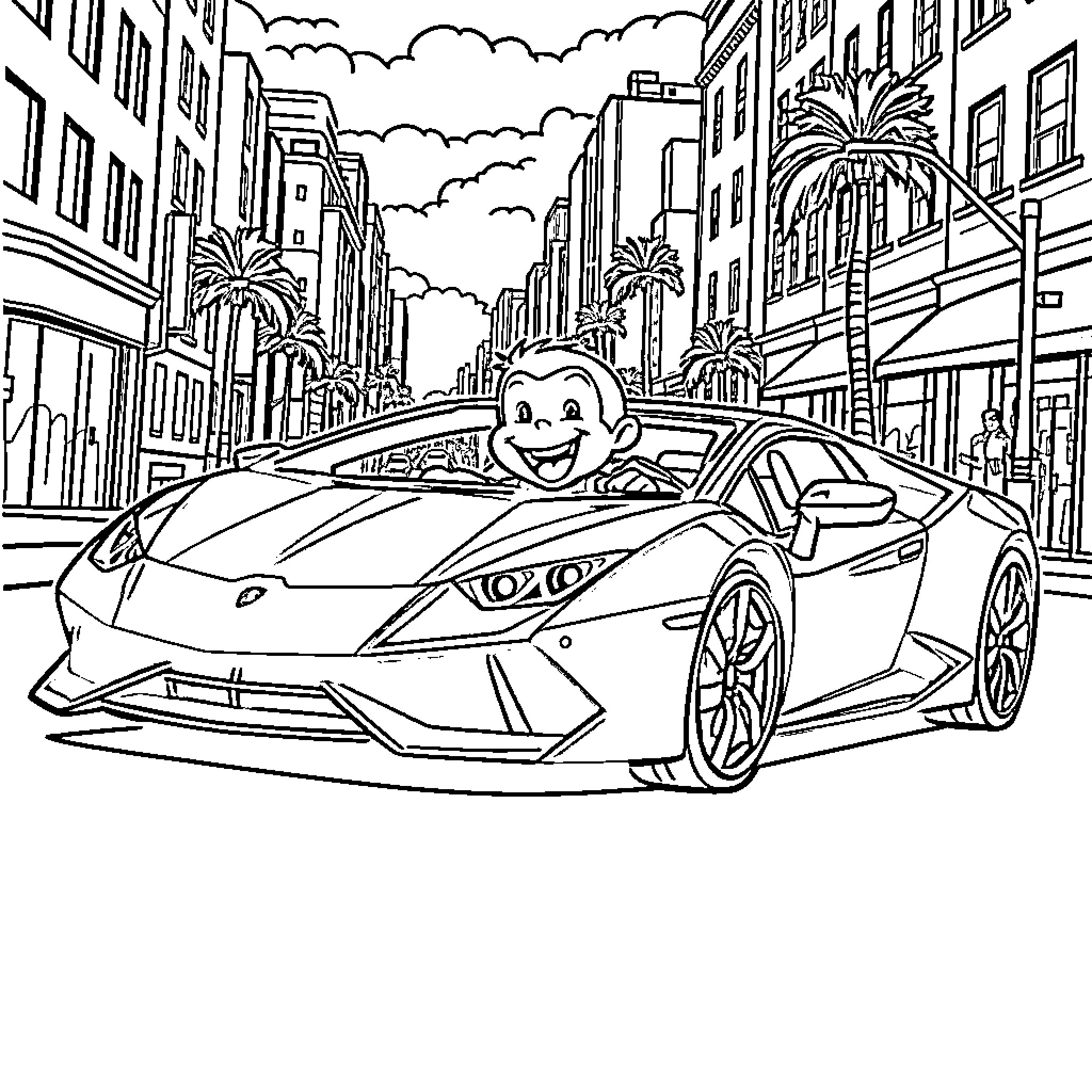 Curious George rides a high-speed sports car in the city Coloring Page (free black-and-white line drawing printable PDF for all, from beginners to advanced learners, including children, teens, adults, and seniors)