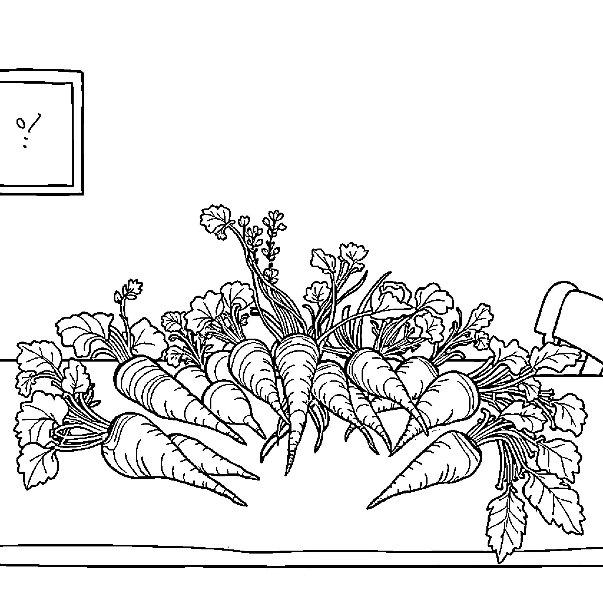 Brainrot: Whimsical Vegetable Arrangement Coloring Page (free black-and-white line drawing printable PDF for all, from beginners to advanced learners, including children, teens, adults, and seniors)