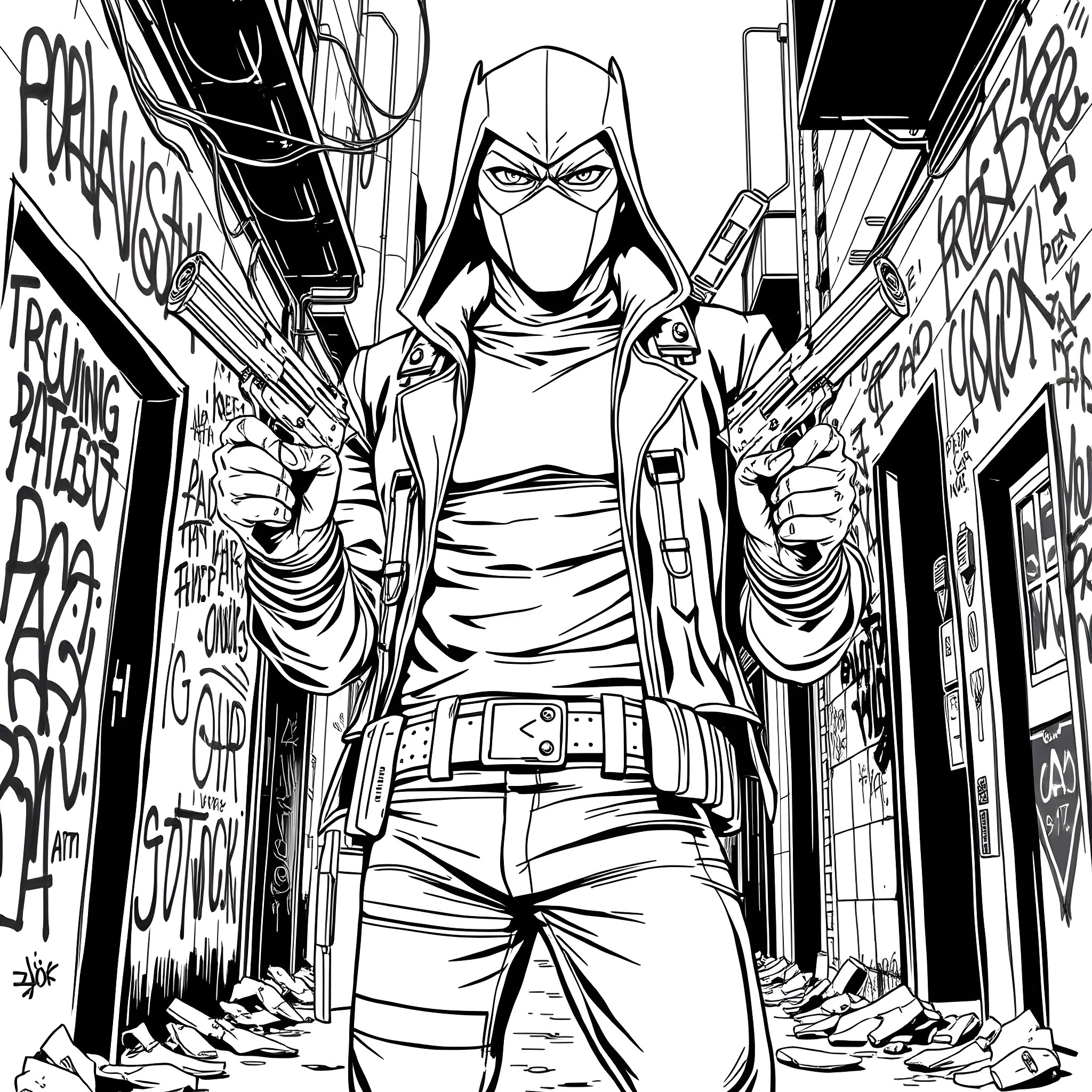 Red Hood in a Gritty Urban Alleyway Coloring Page (free black-and-white line drawing printable PDF for all, from beginners to advanced learners, including children, teens, adults, and seniors)