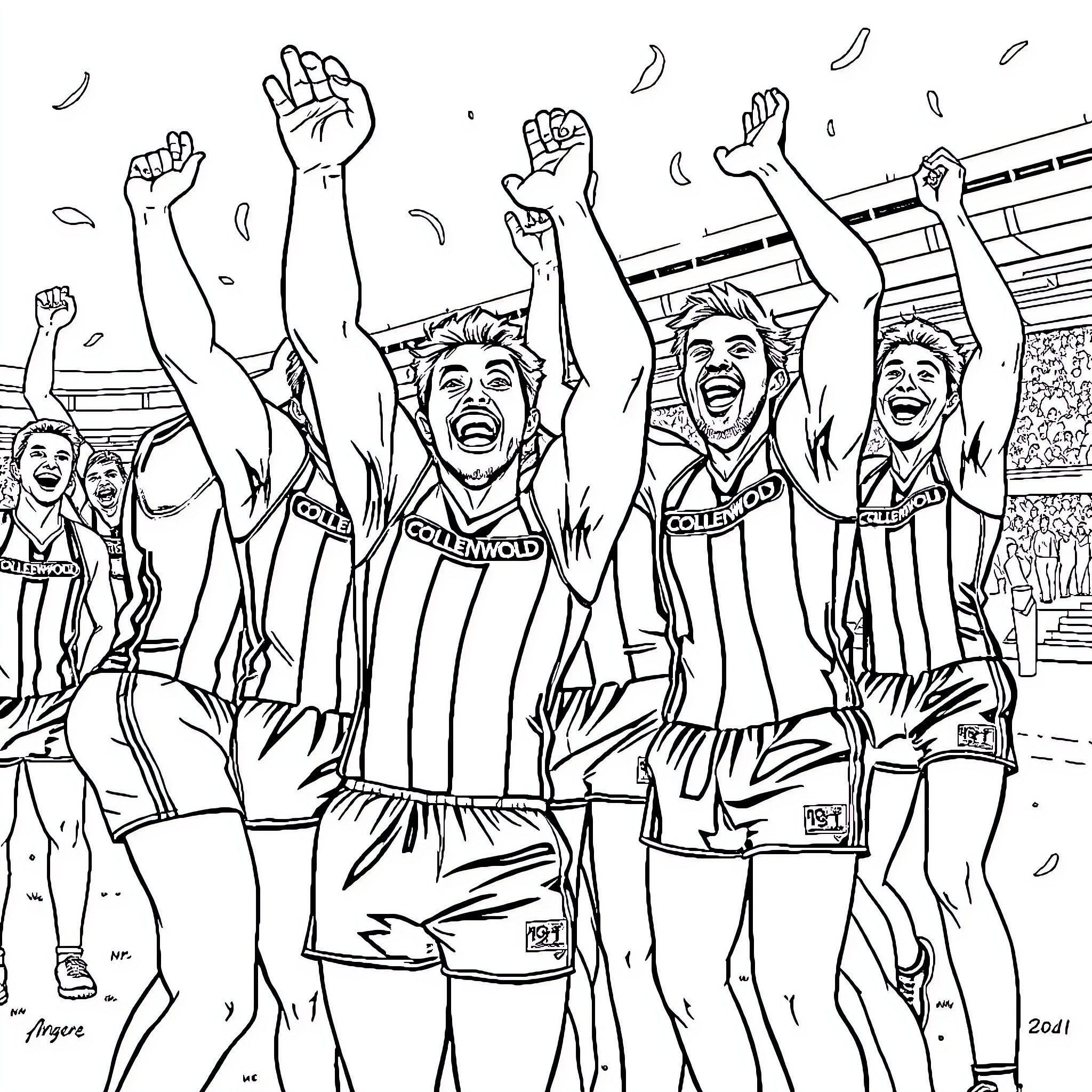 Magpie fans celebrating victorious sports team Coloring Page (free black-and-white line drawing printable PDF for all, from beginners to advanced learners, including children, teens, adults, and seniors)