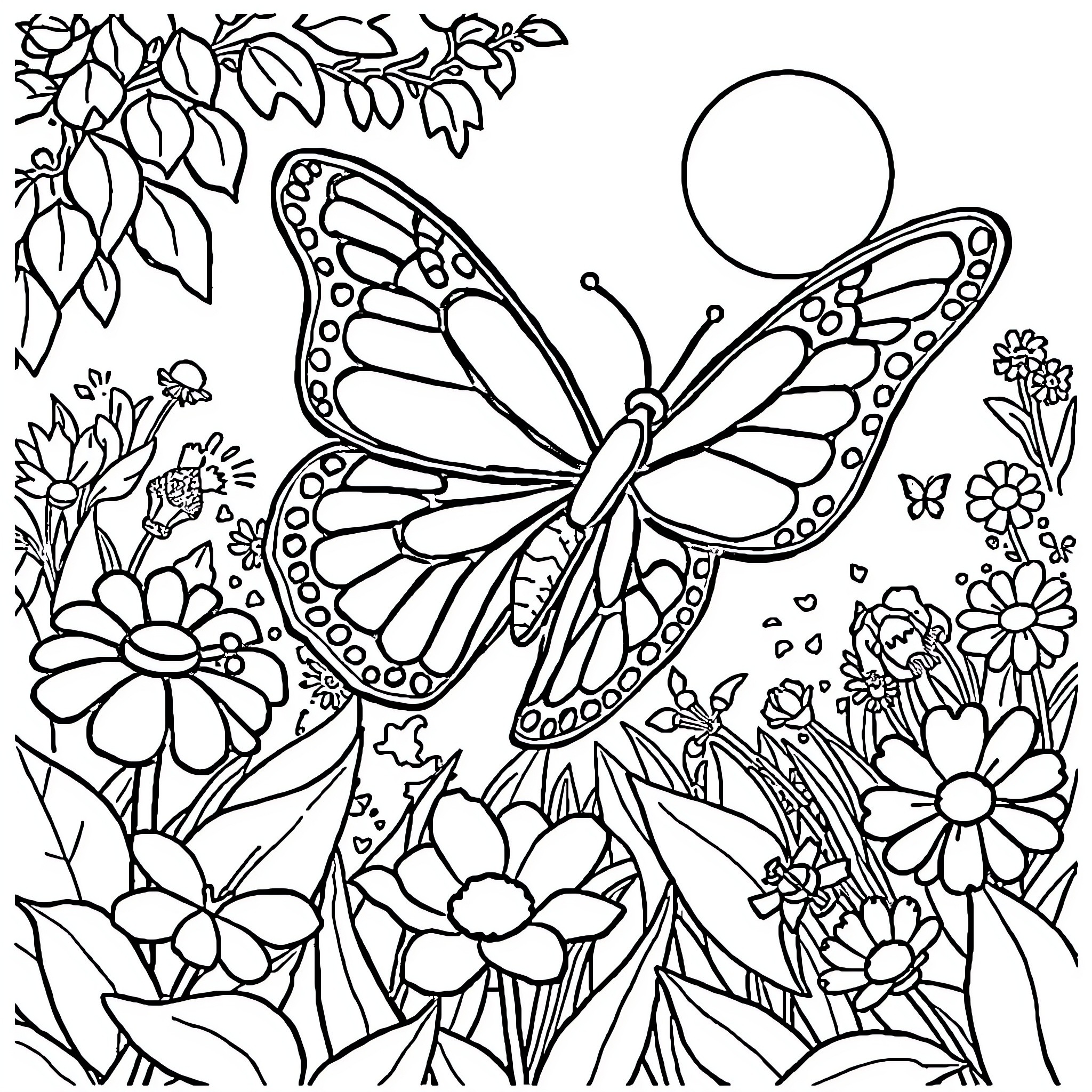 Butterfly flying amidst floral garden Coloring Page (free black-and-white line drawing printable PDF for all, from beginners to advanced learners, including children, teens, adults, and seniors)