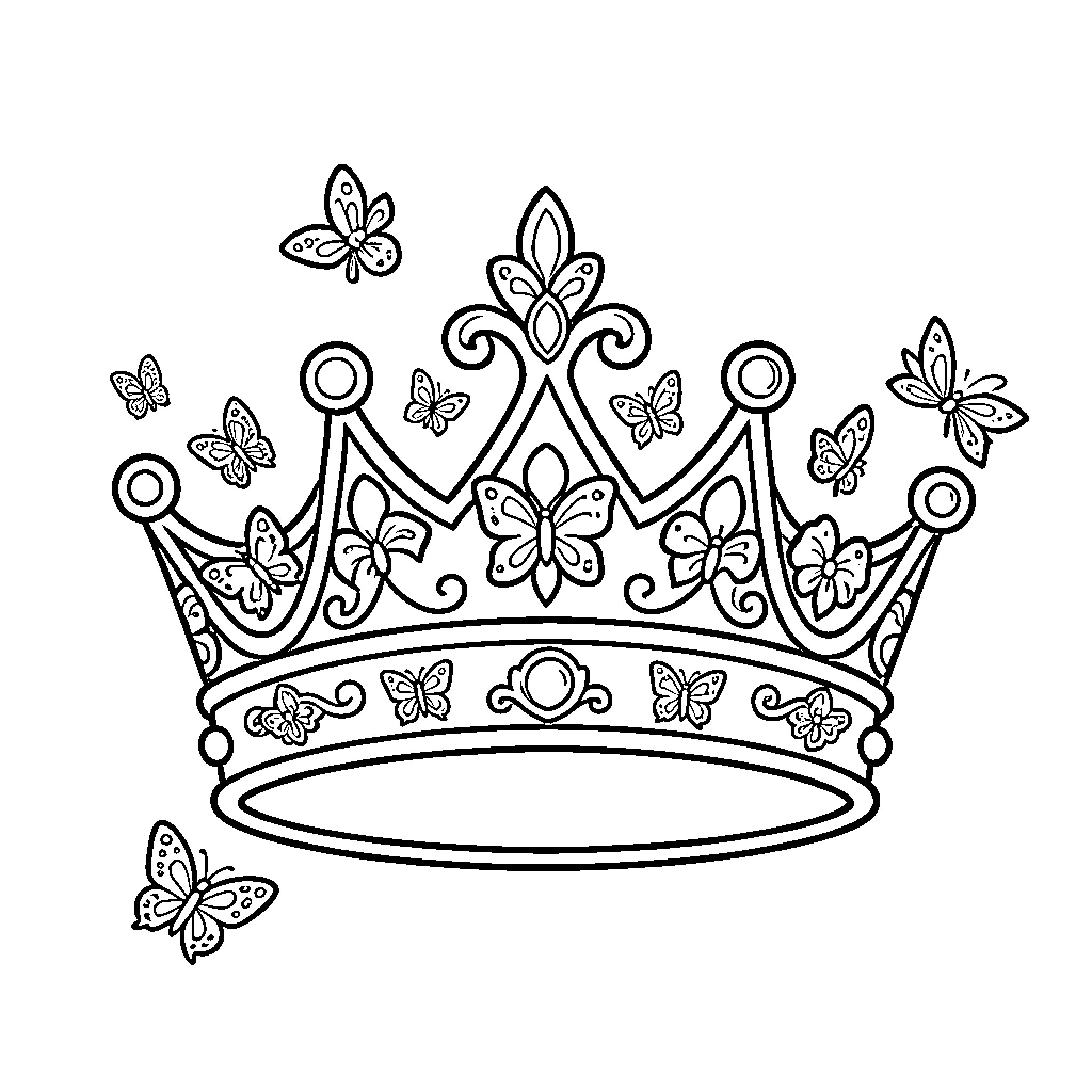 Princess Crown adorned with flying butterflies Coloring Page (free black-and-white line drawing printable PDF for all, from beginners to advanced learners, including children, teens, adults, and seniors)