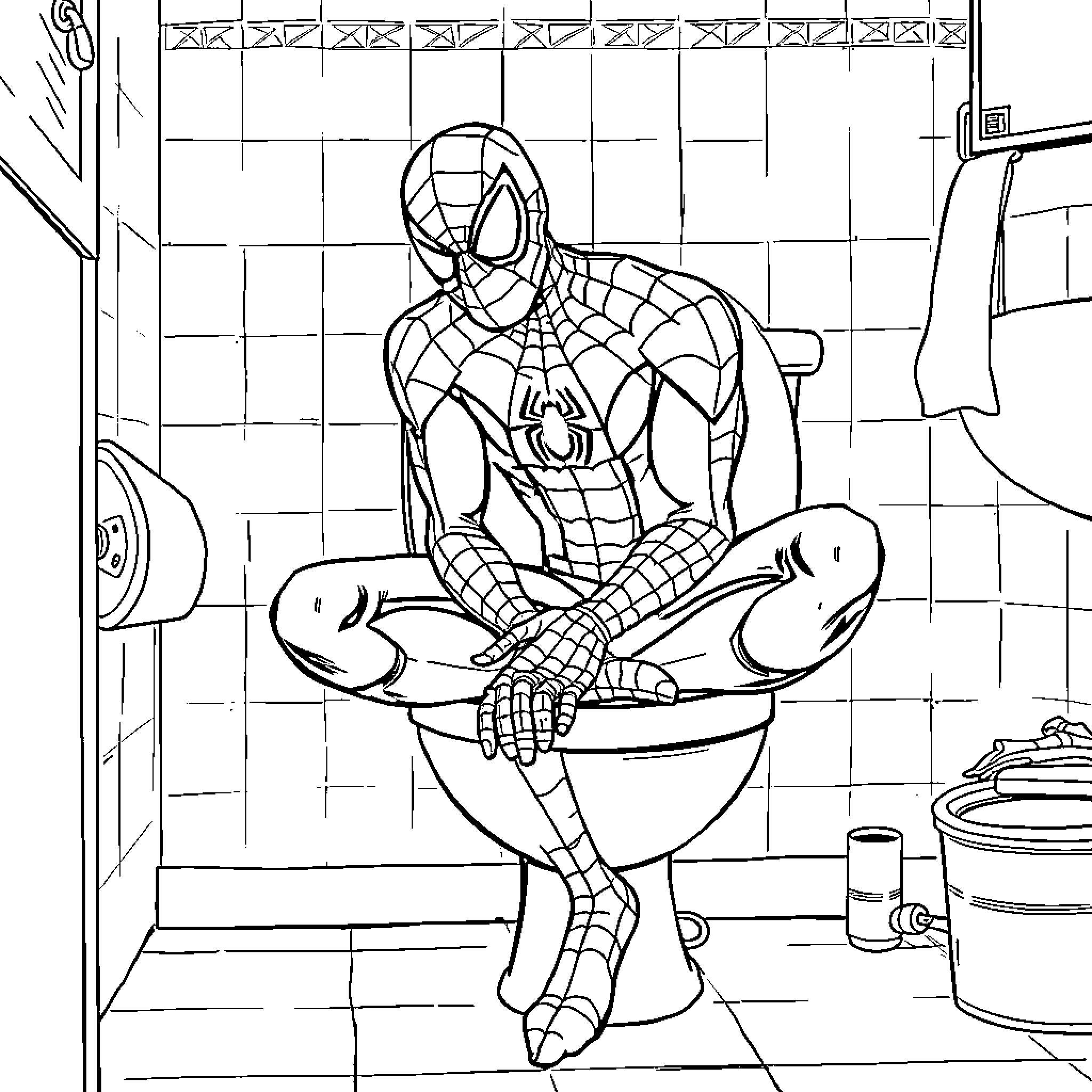 Spider-Man sitting in bathroom contemplatively Coloring Page (free black-and-white line drawing printable PDF for all, from beginners to advanced learners, including children, teens, adults, and seniors)