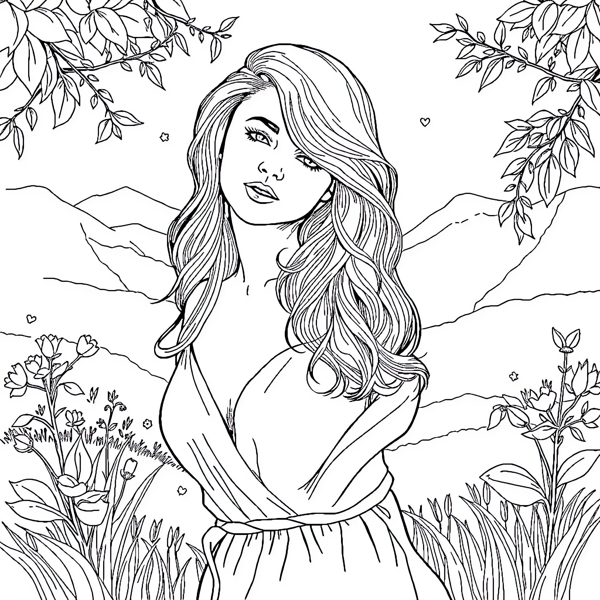 Woman embracing nature in serene surroundings Coloring Page (free black-and-white line drawing printable PDF for all, from beginners to advanced learners, including children, teens, adults, and seniors)