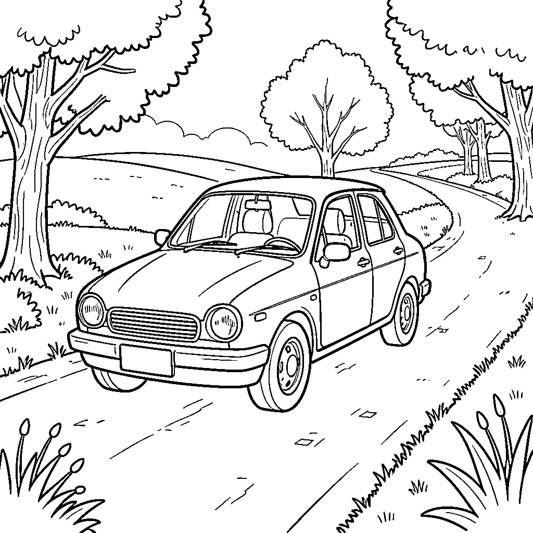 Car driving along a winding road through trees Coloring Page (free black-and-white line drawing printable PDF for all, from beginners to advanced learners, including children, teens, adults, and seniors)