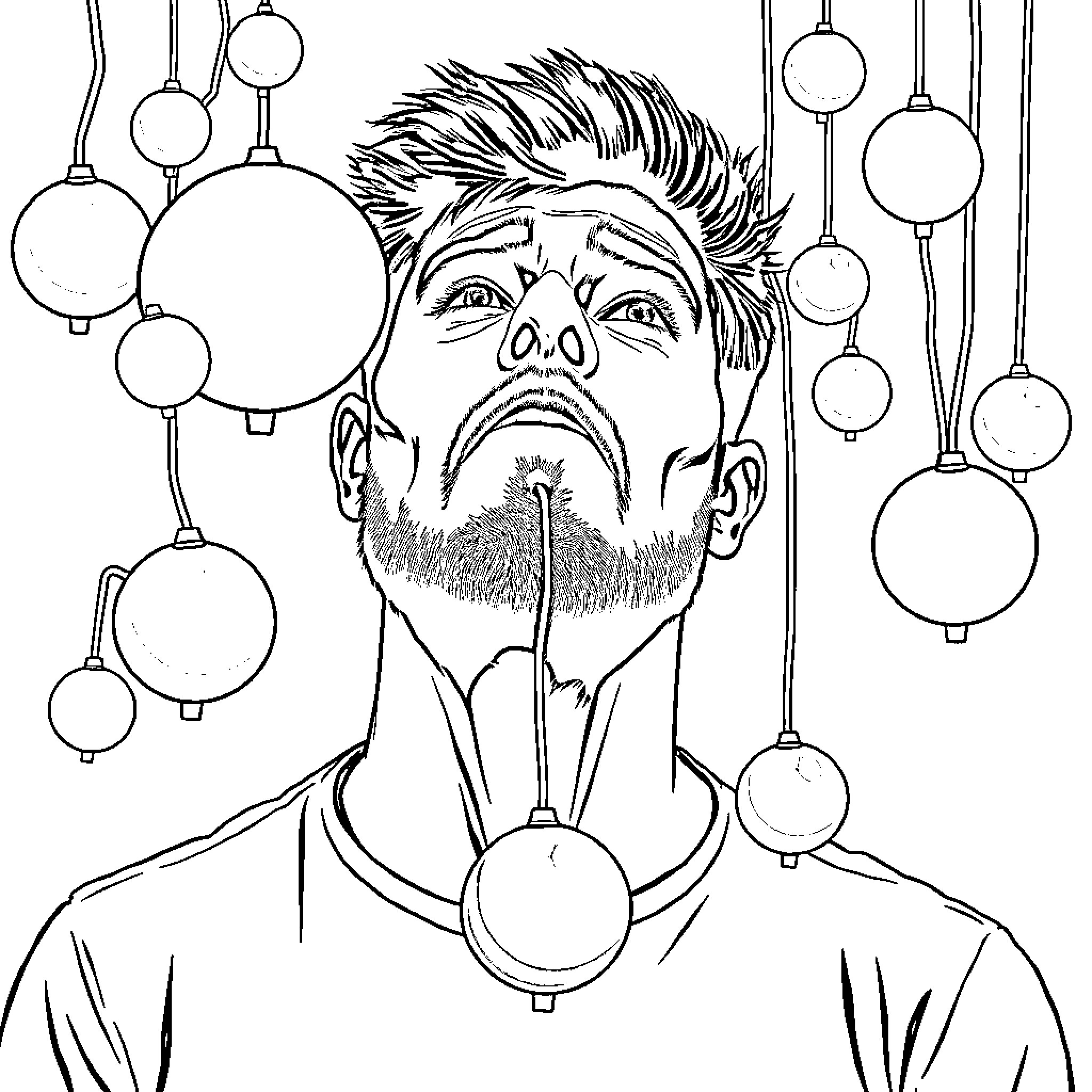 Man with Punk Hairstyle Surrounded by Decorations Coloring Page (free black-and-white line drawing printable PDF for all, from beginners to advanced learners, including children, teens, adults, and seniors)