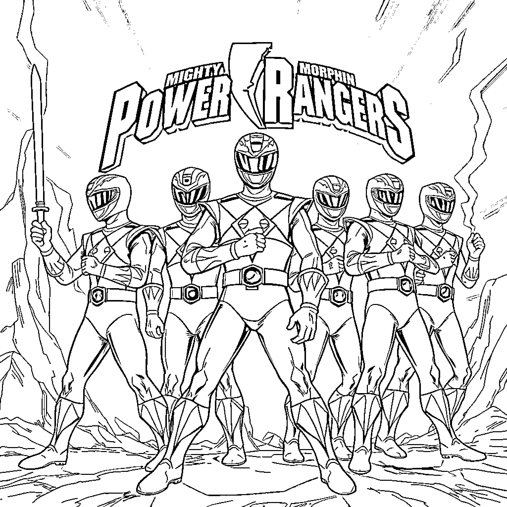 Power Rangers in Action Pose Coloring Page (free black-and-white line drawing printable PDF for all, from beginners to advanced learners, including children, teens, adults, and seniors)