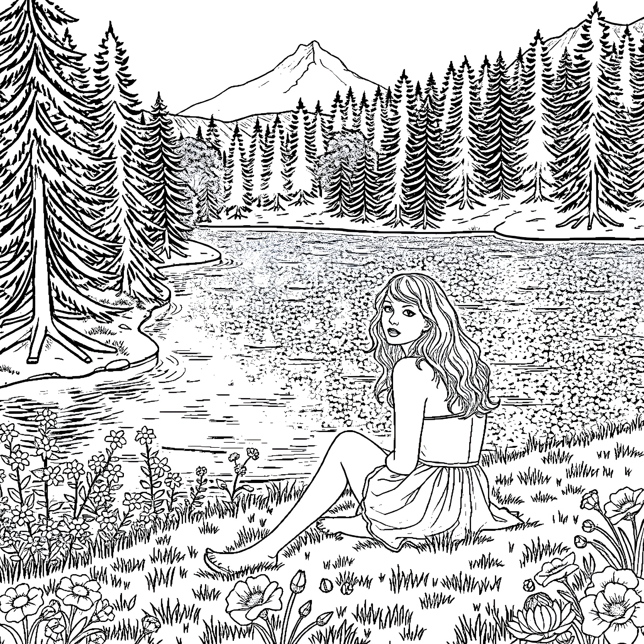 Taylor Swift contemplating in serene natural landscape Coloring Page (free black-and-white line drawing printable PDF for all, from beginners to advanced learners, including children, teens, adults, and seniors)