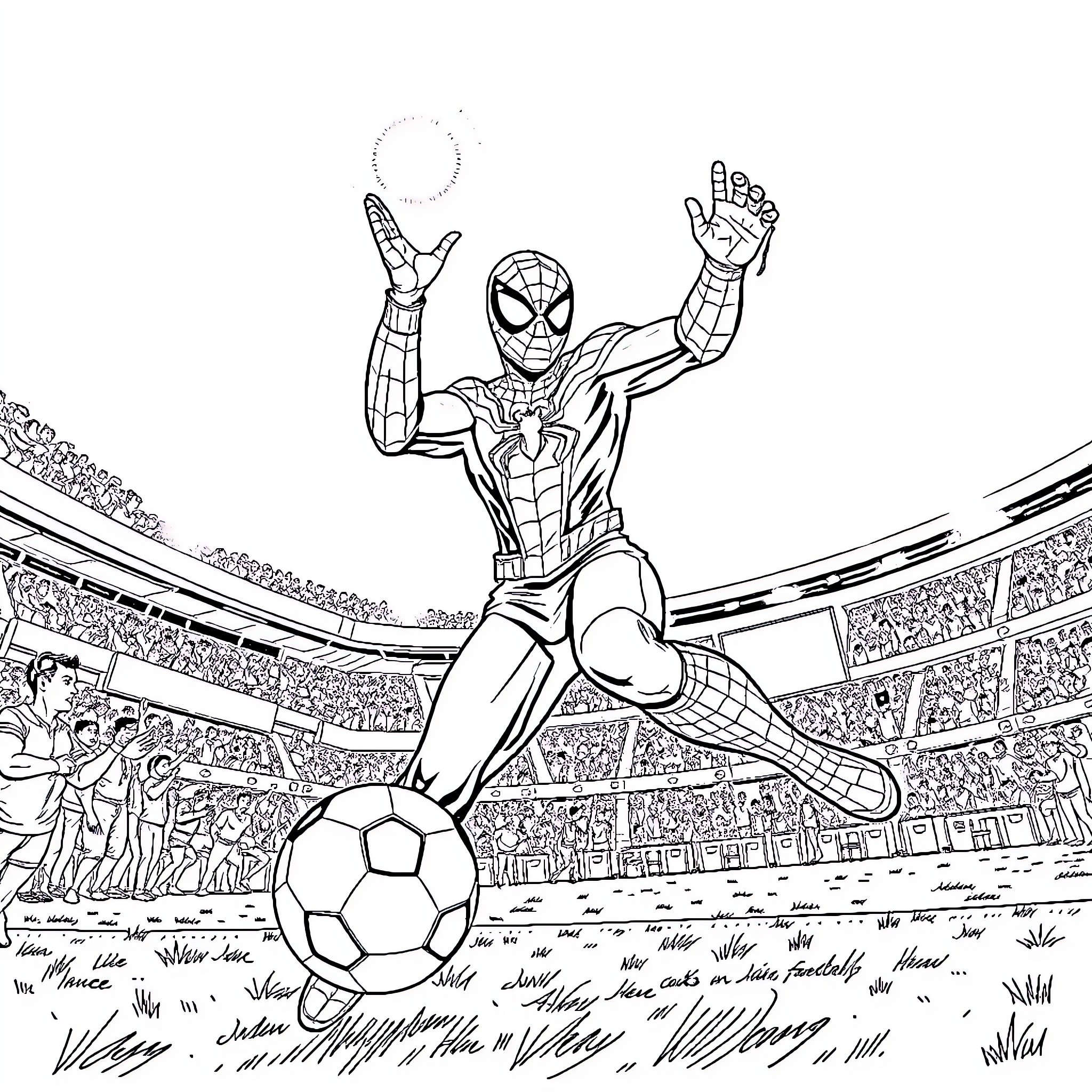 Spiderman Celebrates Soccer Victory in Stadium Coloring Page (free black-and-white line drawing printable PDF for all, from beginners to advanced learners, including children, teens, adults, and seniors)
