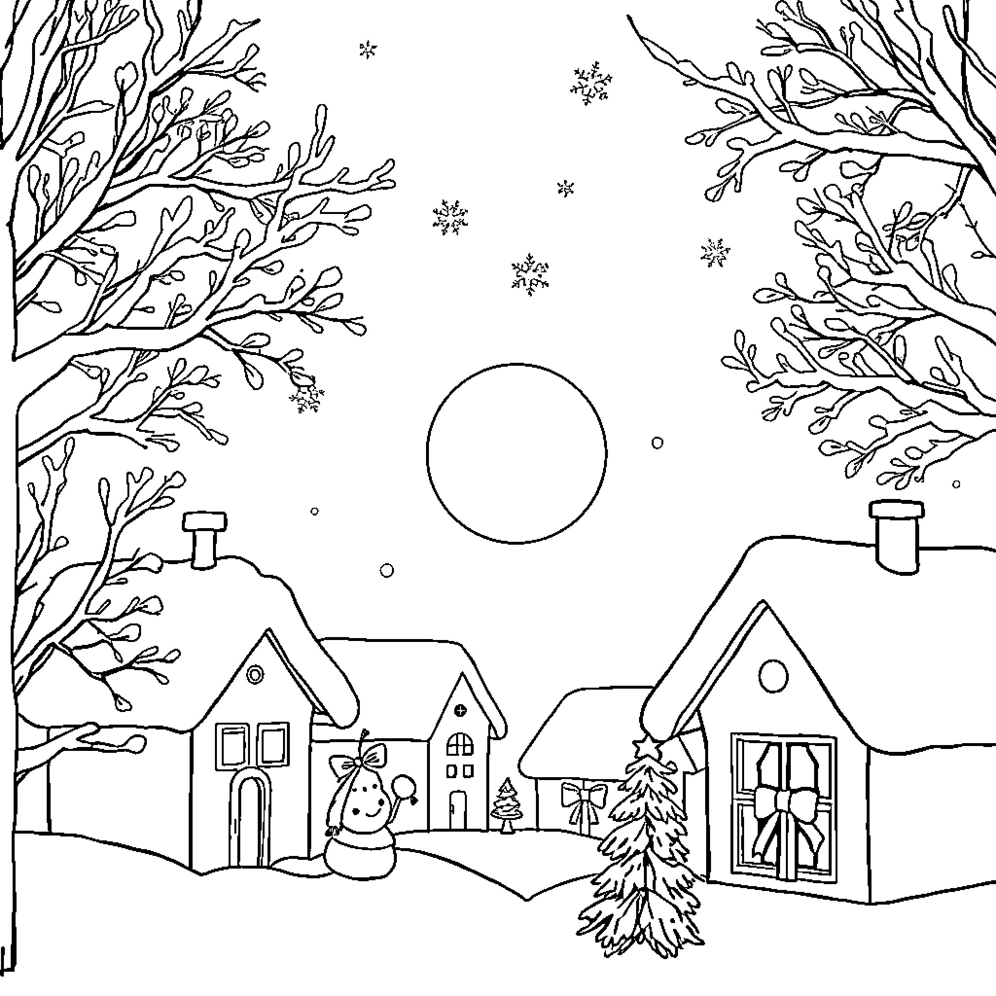 Noel's Winter Wonderland Coloring Page (free black-and-white line drawing printable PDF for all, from beginners to advanced learners, including children, teens, adults, and seniors)