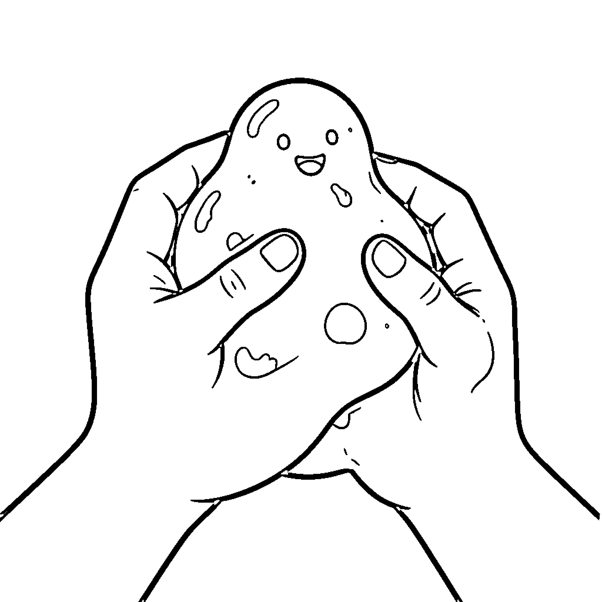 Gumdrops holding a smiling happy character in hands Coloring Page (free black-and-white line drawing printable PDF for all, from beginners to advanced learners, including children, teens, adults, and seniors)