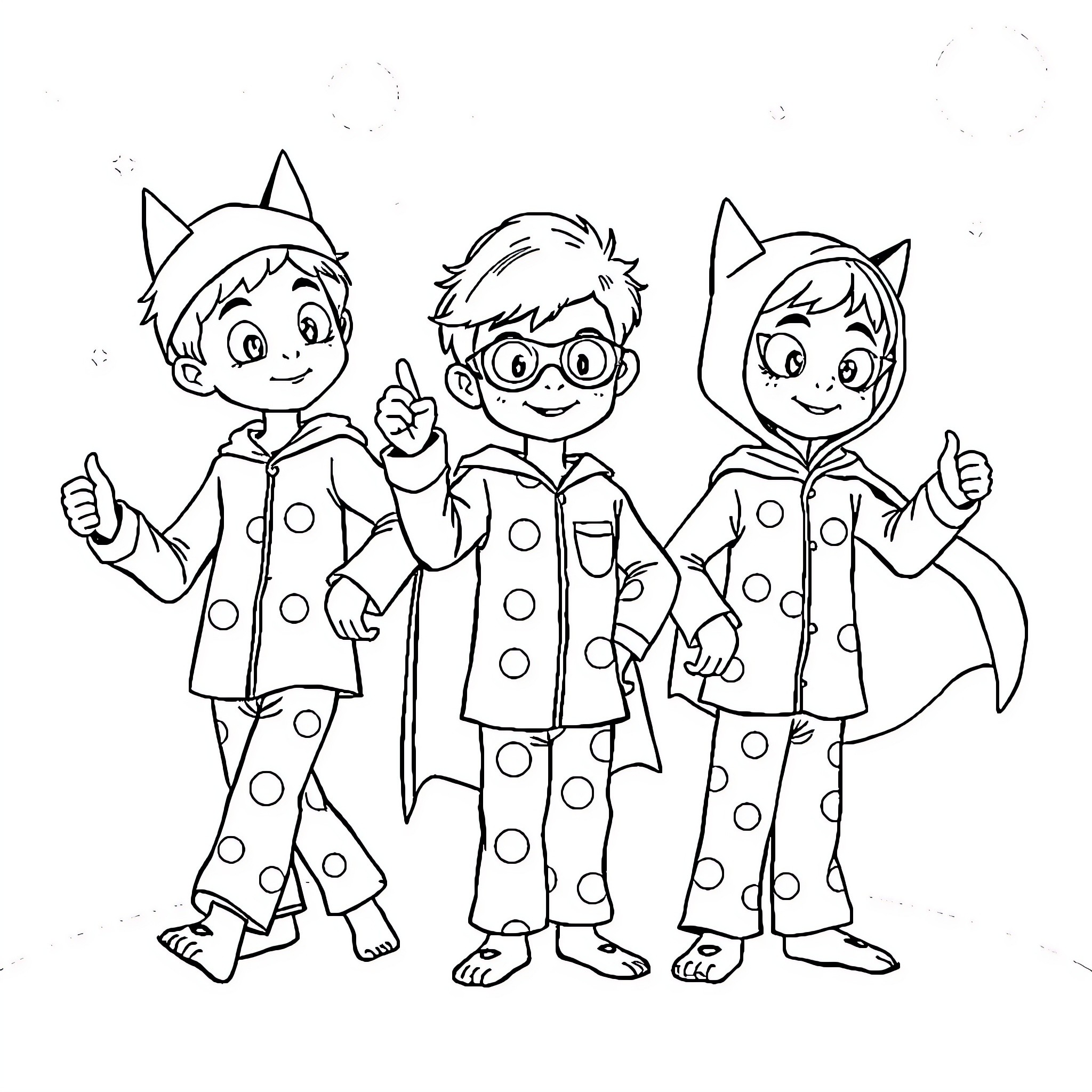 Pyjamasques characters in whimsical pajama outfits Coloring Page (free black-and-white line drawing printable PDF for all, from beginners to advanced learners, including children, teens, adults, and seniors)
