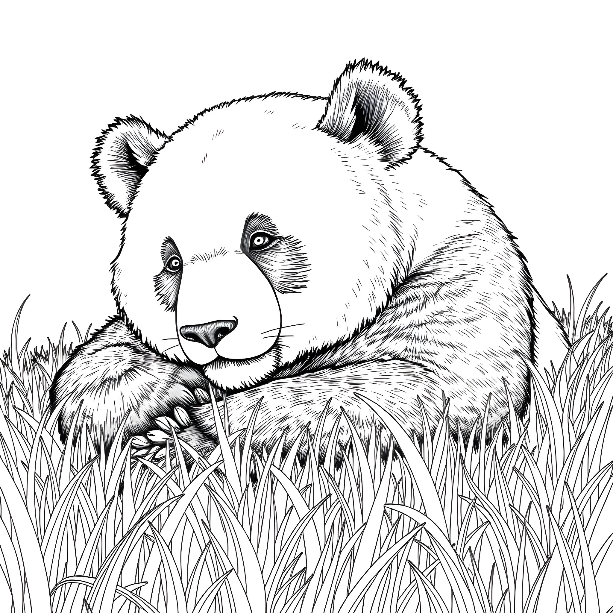 Panda resting peacefully in the tall grass Coloring Page (free black-and-white line drawing printable PDF for all, from beginners to advanced learners, including children, teens, adults, and seniors)