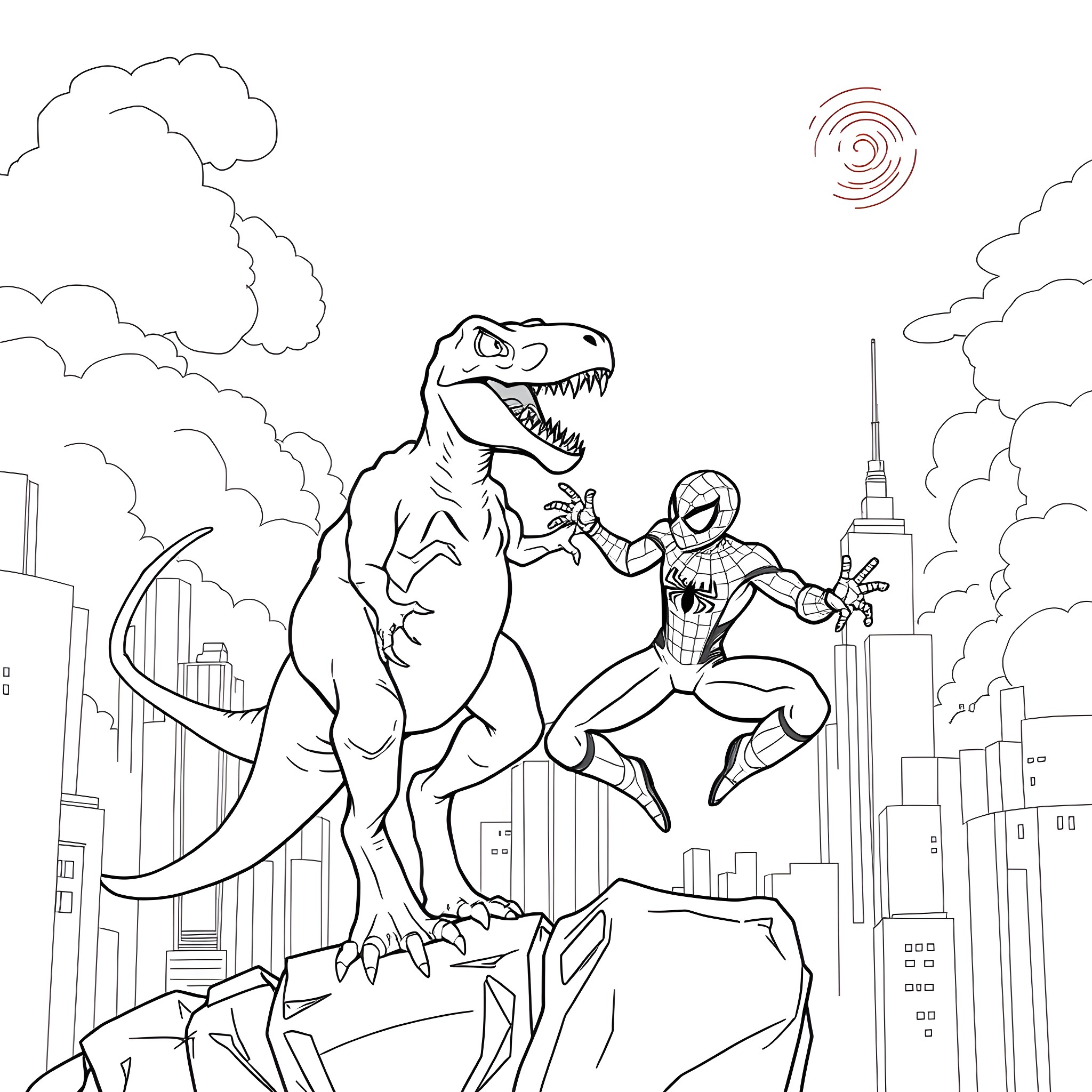 Velociraptor battles superhero in city skyline Coloring Page (free black-and-white line drawing printable PDF for all, from beginners to advanced learners, including children, teens, adults, and seniors)