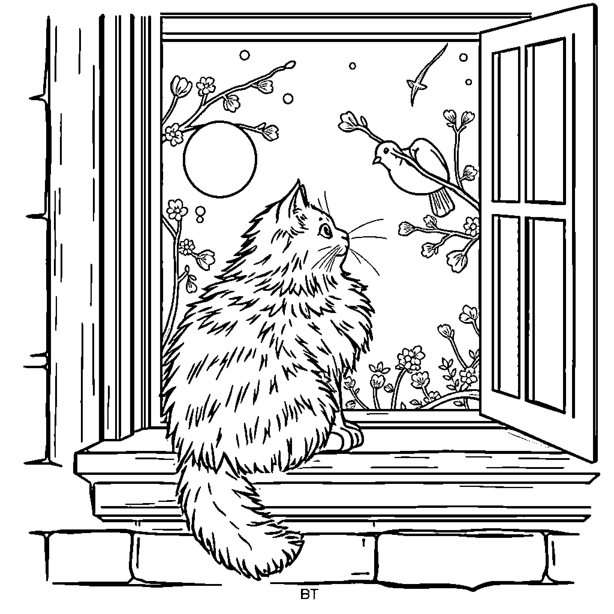 Cat Gazing Out Window at Blooming Branches Coloring Page (free black-and-white line drawing printable PDF for all, from beginners to advanced learners, including children, teens, adults, and seniors)