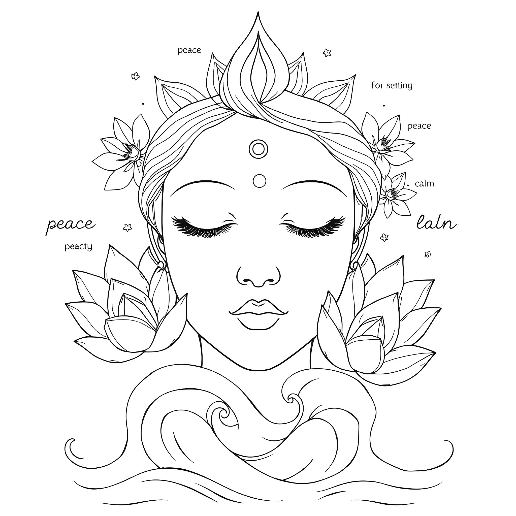 Face of serenity and inner peace Coloring Page (free black-and-white line drawing printable PDF for all, from beginners to advanced learners, including children, teens, adults, and seniors)