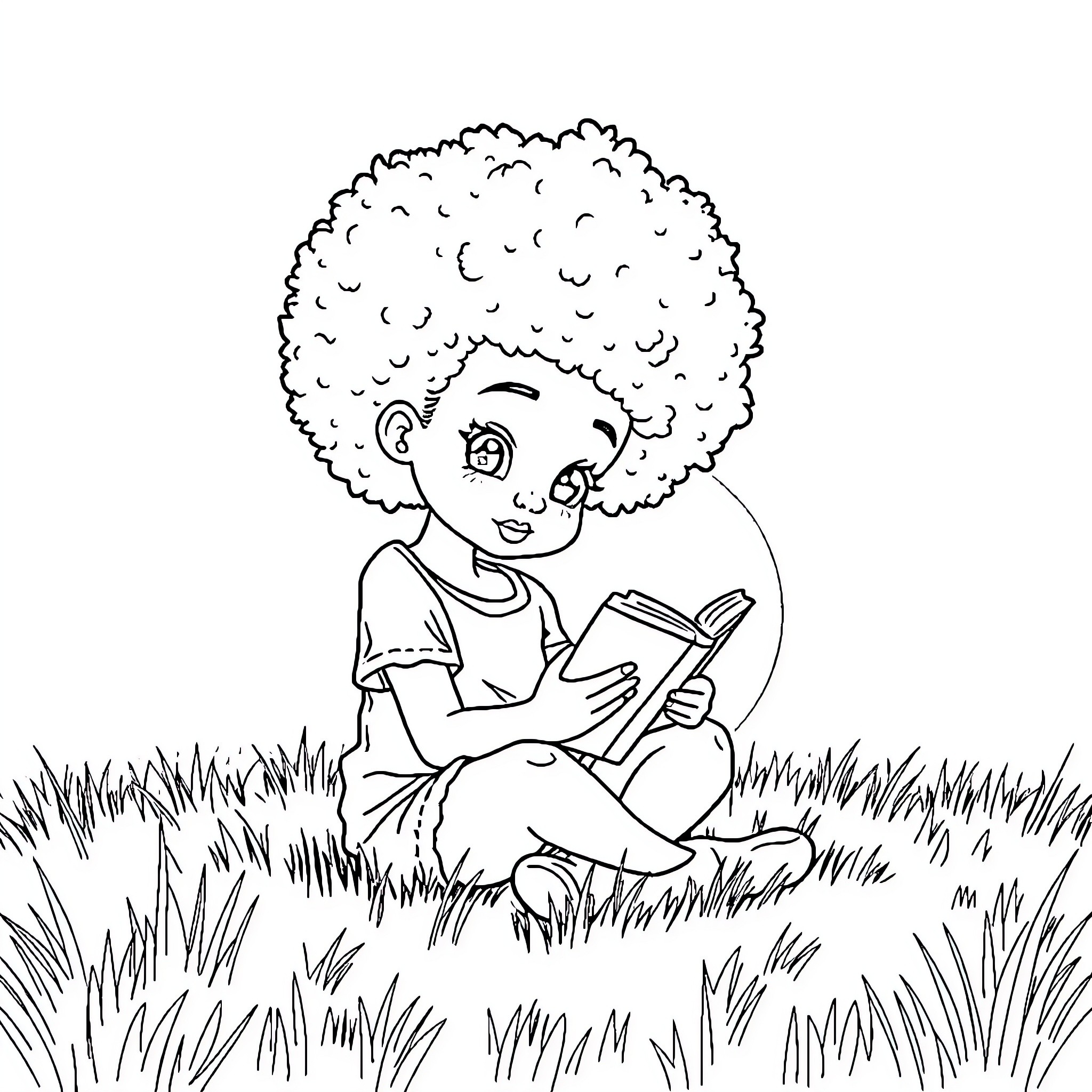 Girl reading book in the grass Coloring Page (free black-and-white line drawing printable PDF for all, from beginners to advanced learners, including children, teens, adults, and seniors)