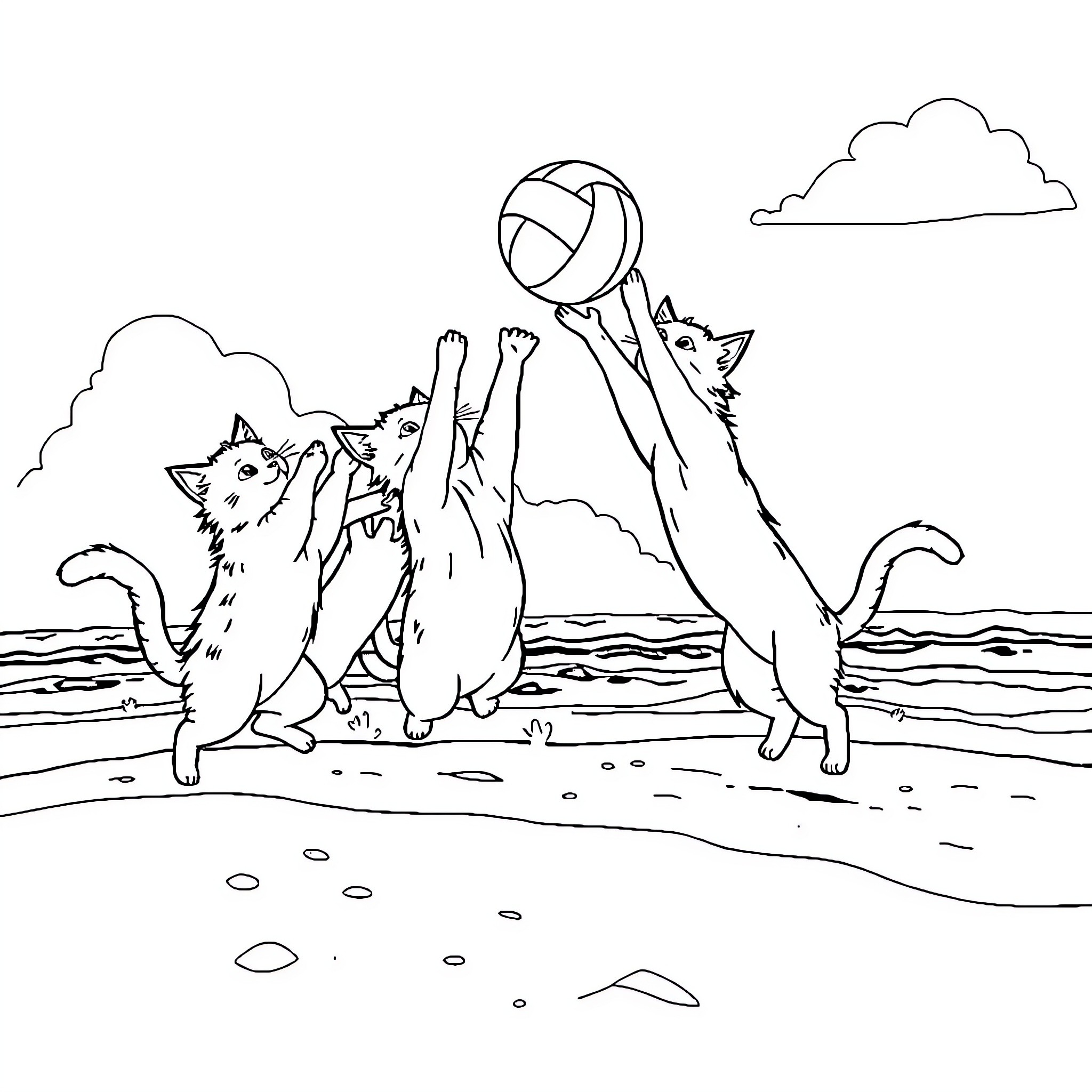 Cats playing with beach ball on the shore Coloring Page (free black-and-white line drawing printable PDF for all, from beginners to advanced learners, including children, teens, adults, and seniors)