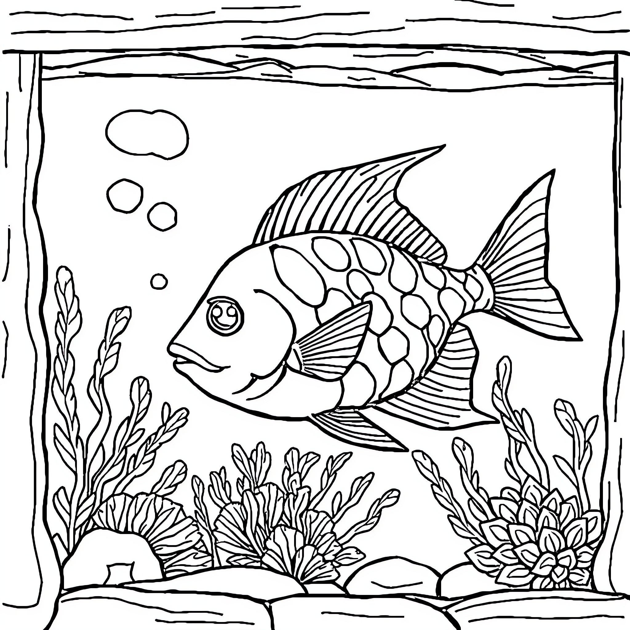 Fish swimming among underwater plants and corals Coloring Page (free black-and-white line drawing printable PDF for all, from beginners to advanced learners, including children, teens, adults, and seniors)