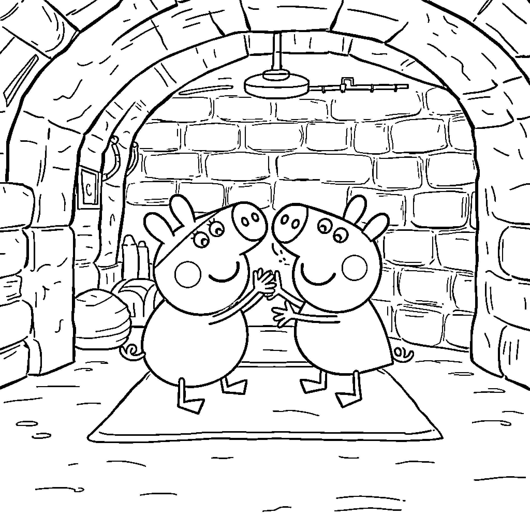 Peppa Pig and friends exploring an old brick tunnel Coloring Page (free black-and-white line drawing printable PDF for all, from beginners to advanced learners, including children, teens, adults, and seniors)