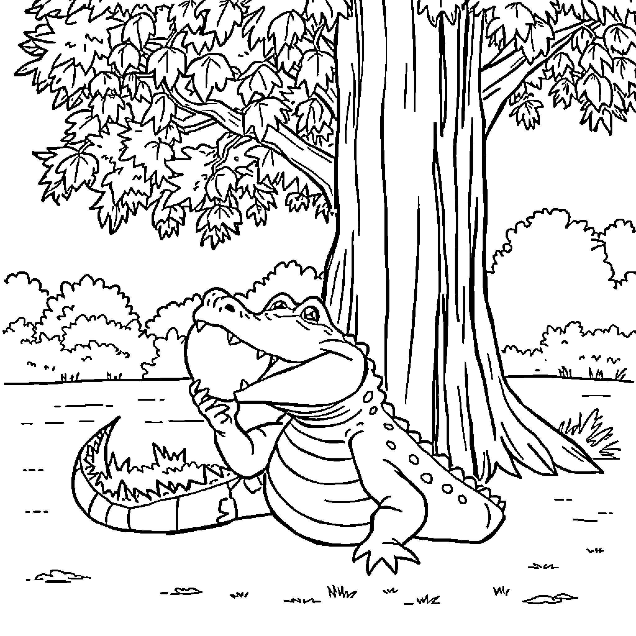 Alligator lounging in the forest Coloring Page (free black-and-white line drawing printable PDF for all, from beginners to advanced learners, including children, teens, adults, and seniors)