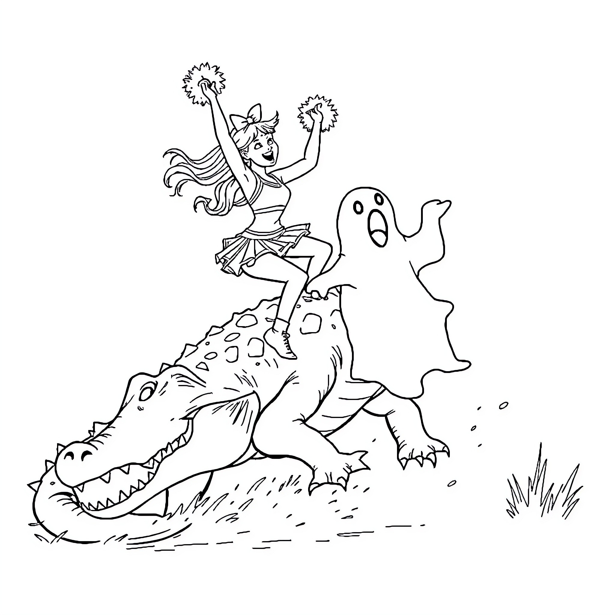 Cheerleader dancing on a scary monster Coloring Page (free black-and-white line drawing printable PDF for all, from beginners to advanced learners, including children, teens, adults, and seniors)